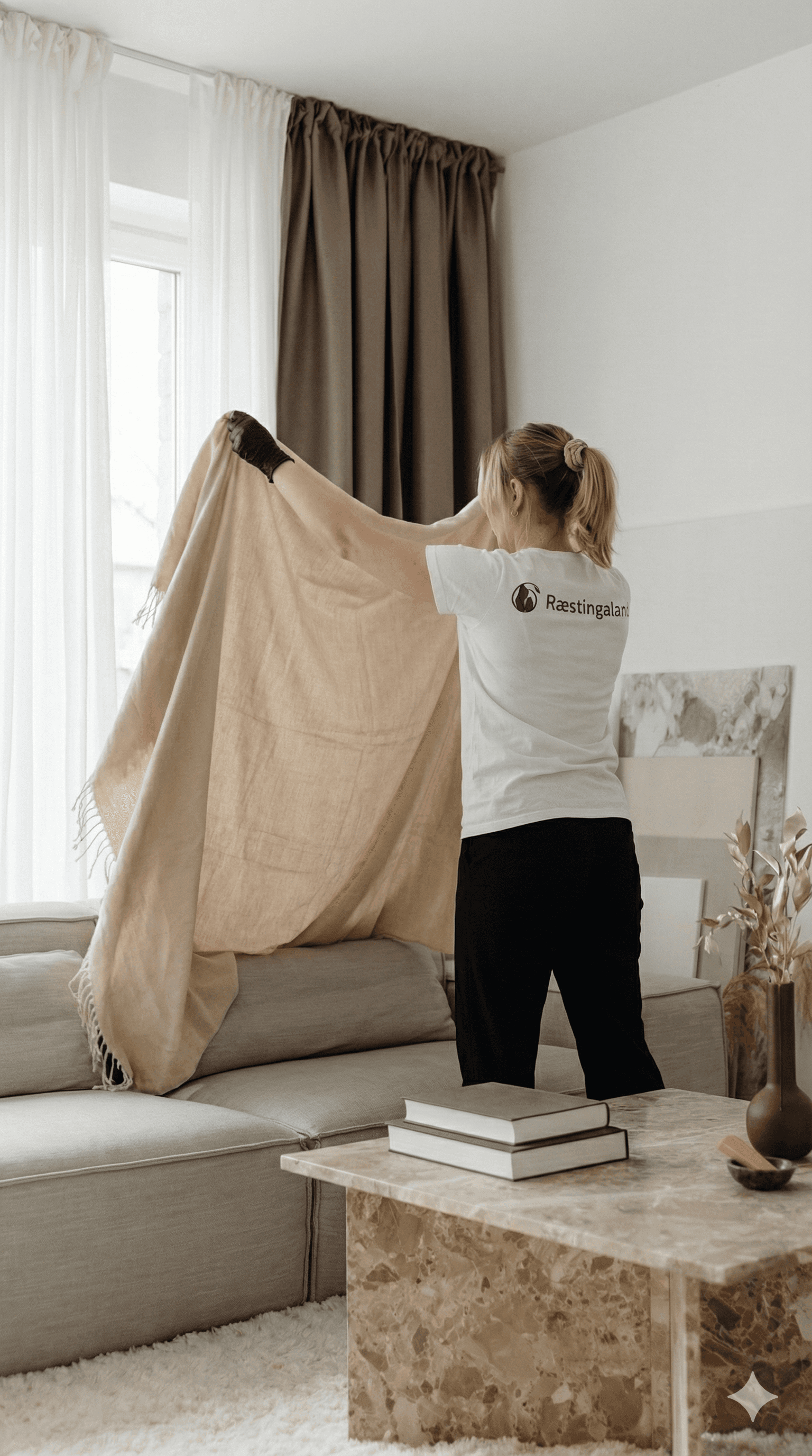 Starfsmaður að búa um rúm og frágangur í svefnherbergi.