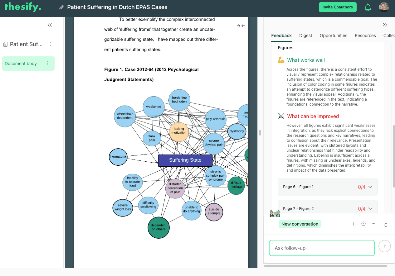 thesify interface showing a manuscript figure preview next to the Figures & Tables feedback panel for table and figure feedback.