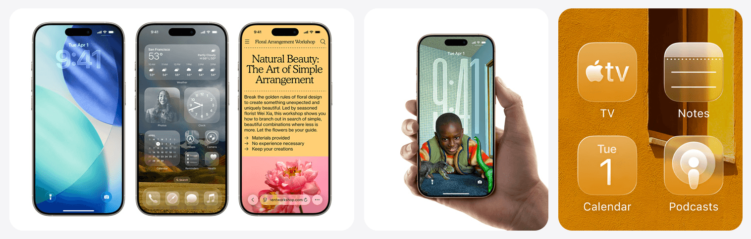 Apple's new Liquid Glass UI showing translucent widgets for Music and Reminders overlaid on a photo background, with redesigned app icons and a bold header that reads ‘A whole new element of delight.