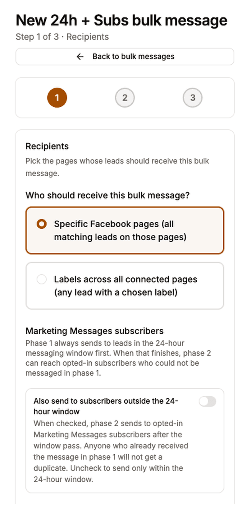 Recipients step of the bulk message wizard, with the choice between targeting specific Facebook pages or labels across all pages.