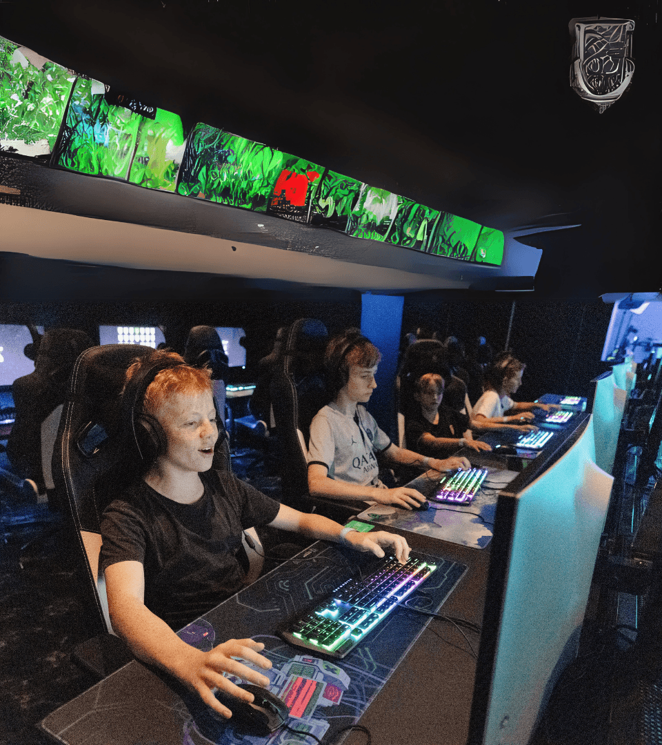 Young gamers wearing headsets playing PC games together at Fortress