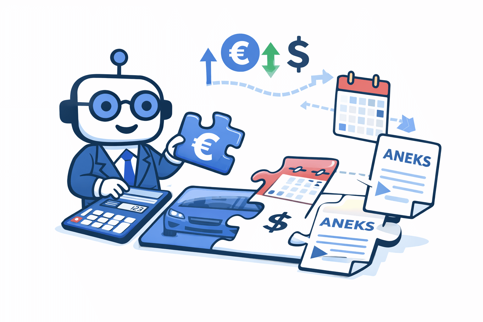 Robot układa puzzle leasingu walutowego z kursem i aneksem umowy
