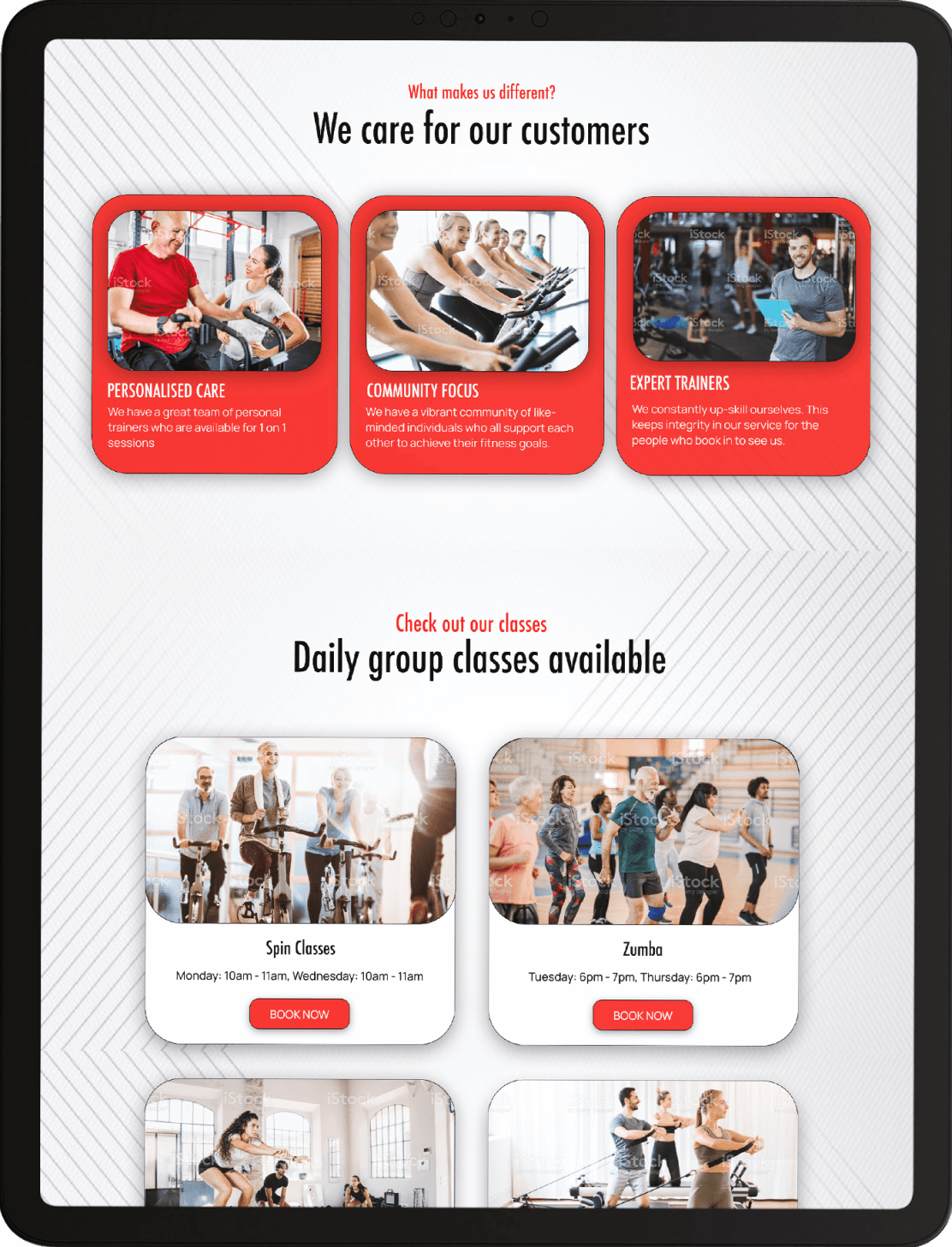 Screen capture of a website design for a gym