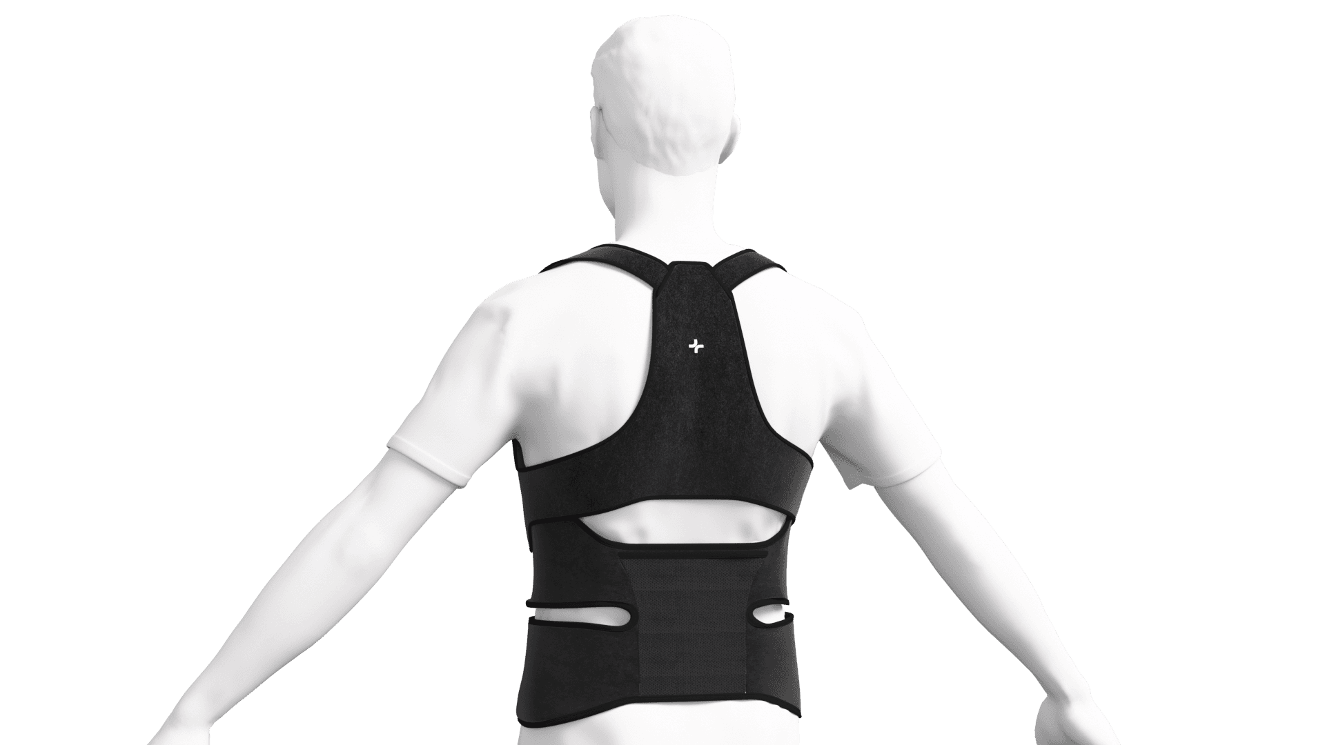Rear view of a black back support with adjustable straps and a ventilated opening, worn by a 3D mannequin on a black background