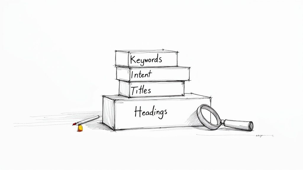 A person at a desk with sticky notes organizing concepts like keywords, search intent, and on-page SEO.