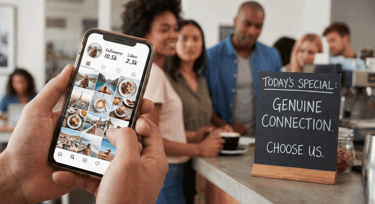Person holding a smartphone showing an Instagram profile while people stand at a cafe counter with a sign reading Genuine connection, choose us.