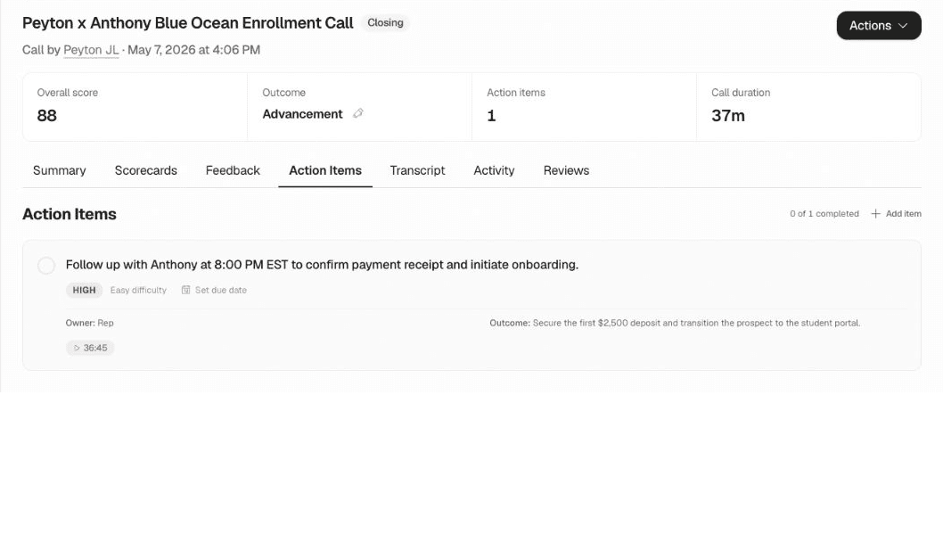 Kendo call analysis action items generated from the recorded conversation