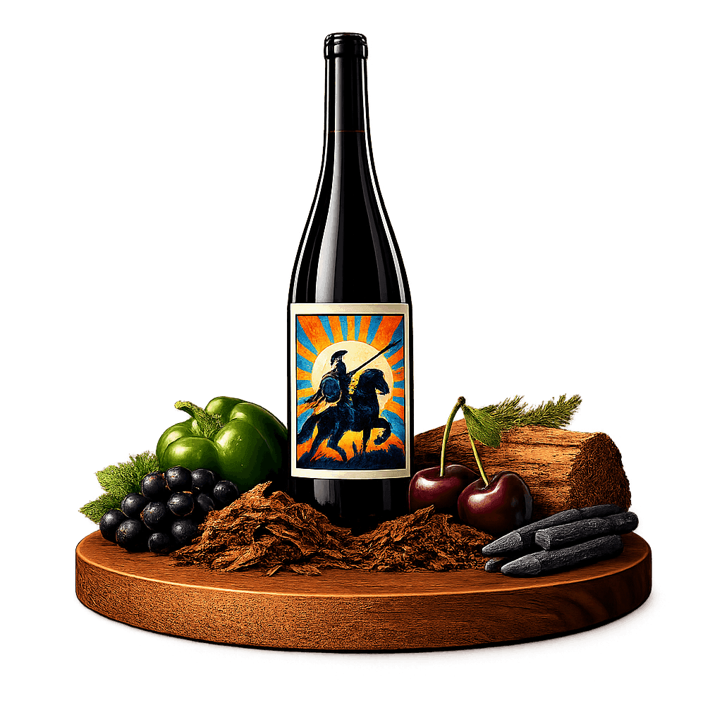 Artistic label and flavor profile for Thracian Valley Cabernet Sauvignon on a rustic wooden table.