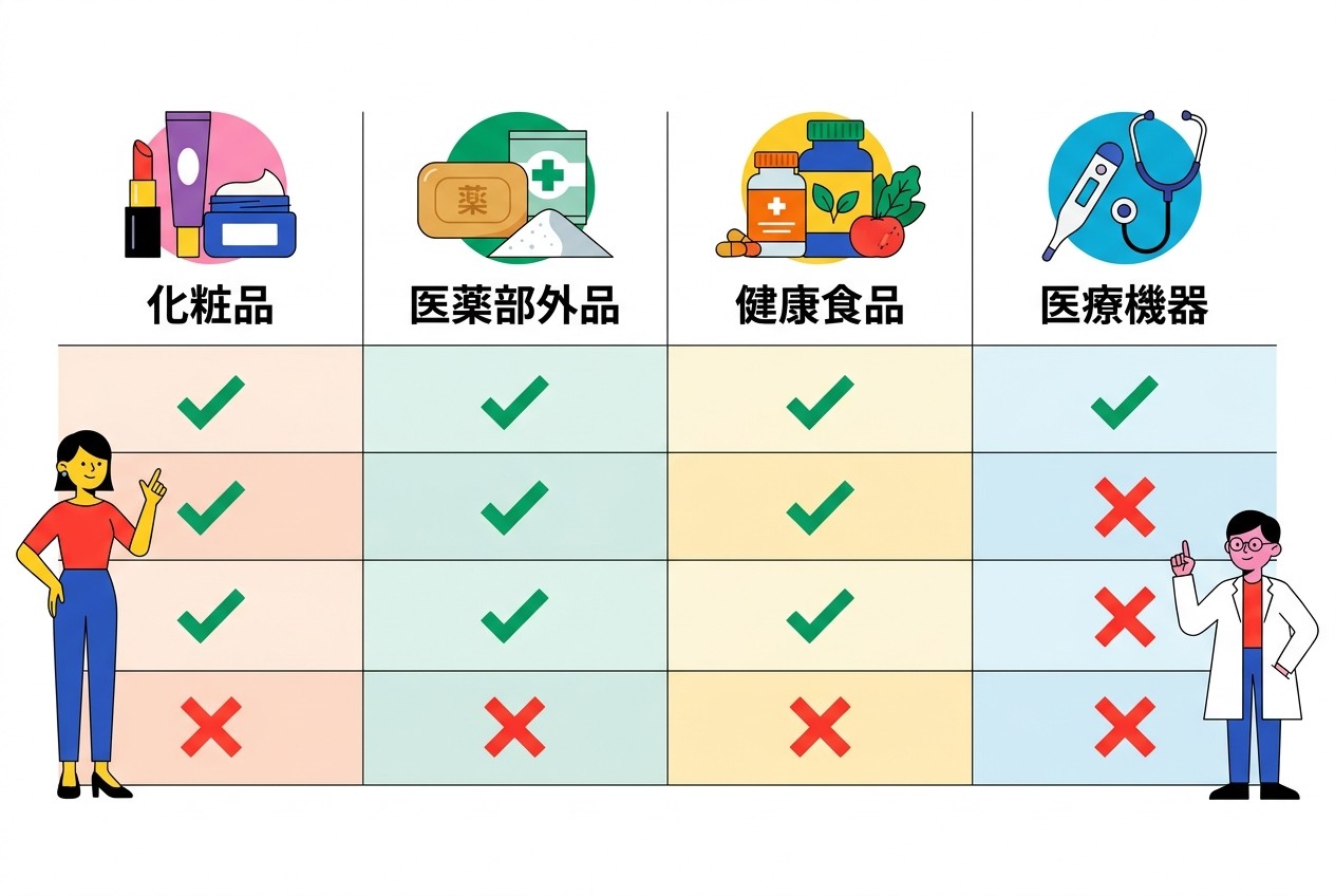商品カテゴリーごとの薬機法上の表現可否。化粧品は効能効果表現が最も制限され、医薬部外品は承認された範囲内で治療的表現が可能。健康食品は機能性表示食品制度を除き効能効果表現は原則禁止。