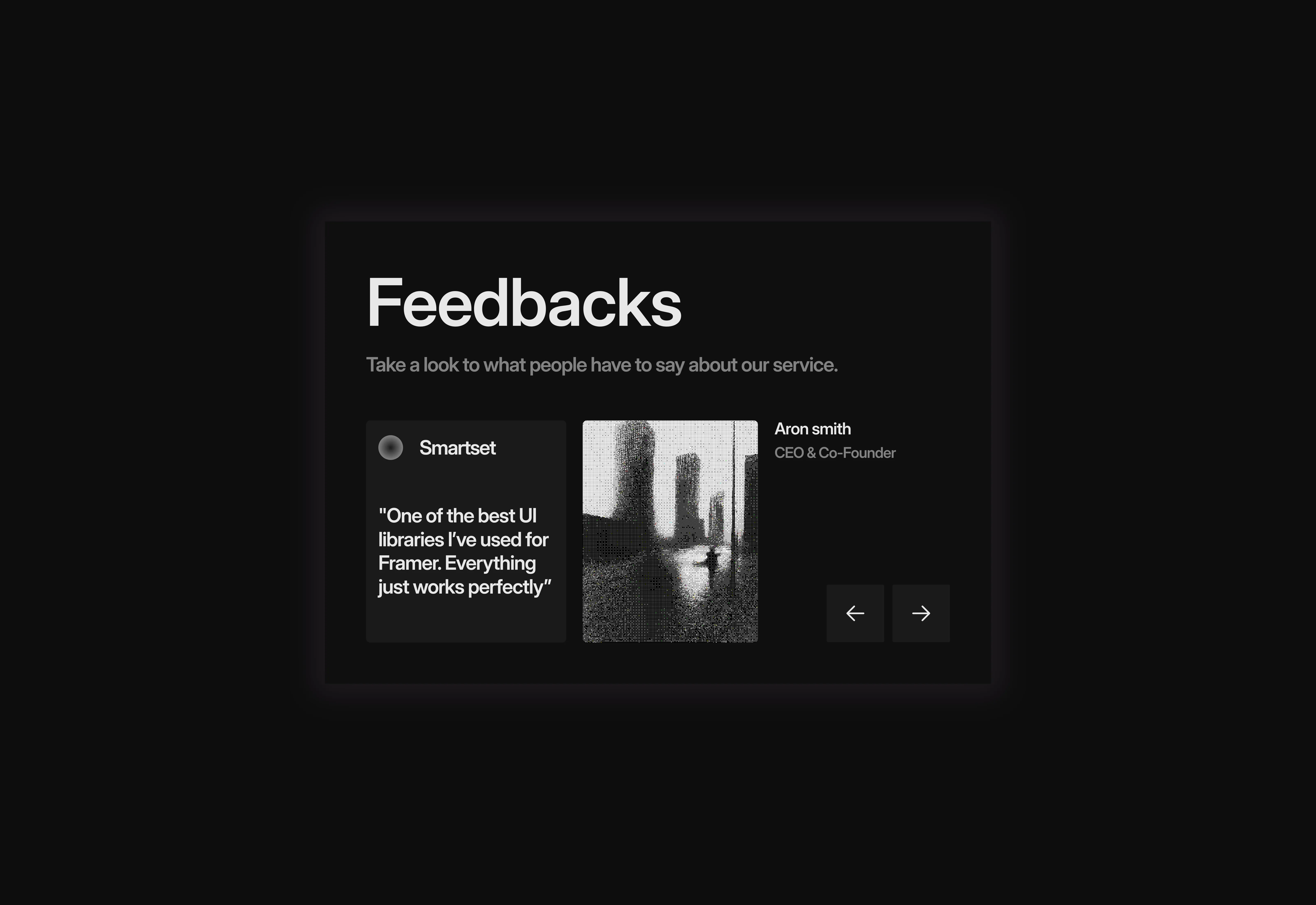 A dark themed minimal style testimonials section with slider. The UI optimized for tablet screens.