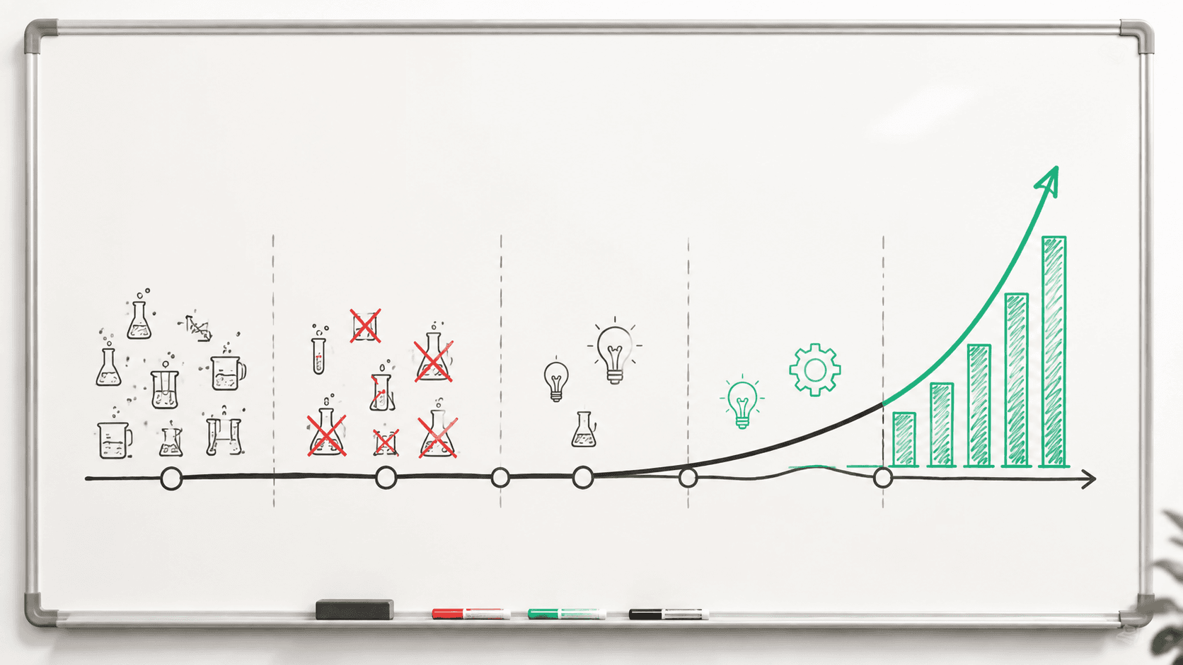 A whiteboard with a timeline showing experiments, failures, and a growth hockey 