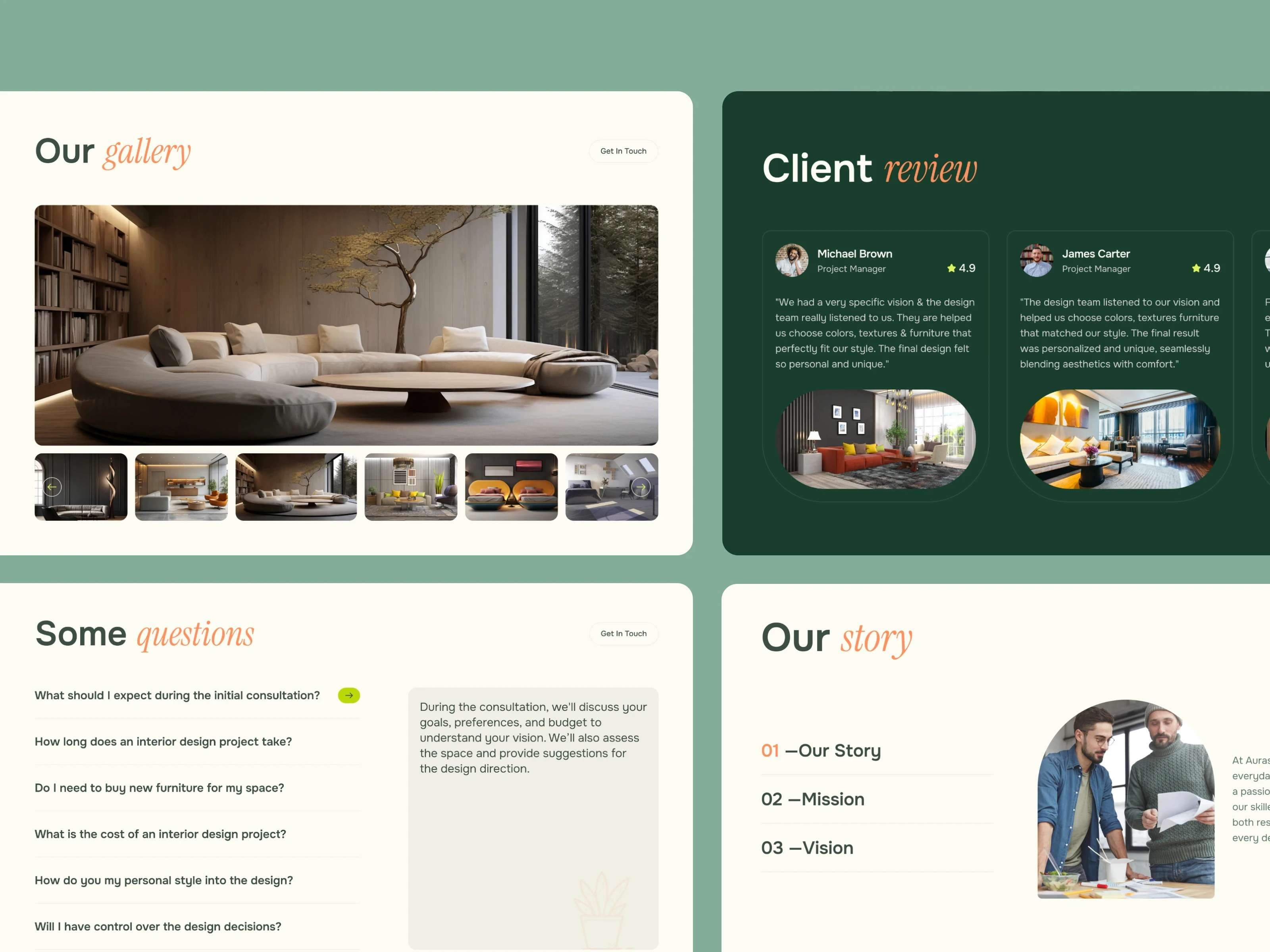Auraspace website design showing modern interiors, client reviews, FAQ, and company story.