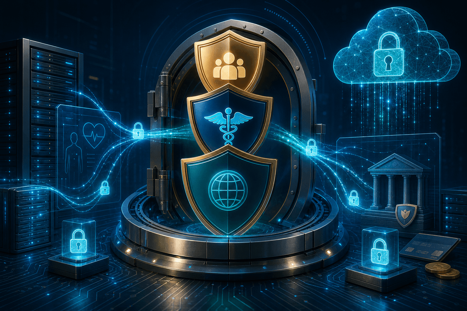 A sleek, modern illustration of enterprise compliance and data security architecture. Layered shield icons representing SOC 2, HIPAA, and ISO certifications stacked in a secure vault-like structure. Glowing padlocks, encrypted data flows as light streams between servers, and a secure cloud infrastructure in the background. A regulated healthcare and fintech aesthetic with dark navy and teal tones, subtle circuit patterns, and golden certification badges floating in a clean abstract environment. No text, no letters, no words, no numbers anywhere in the image.