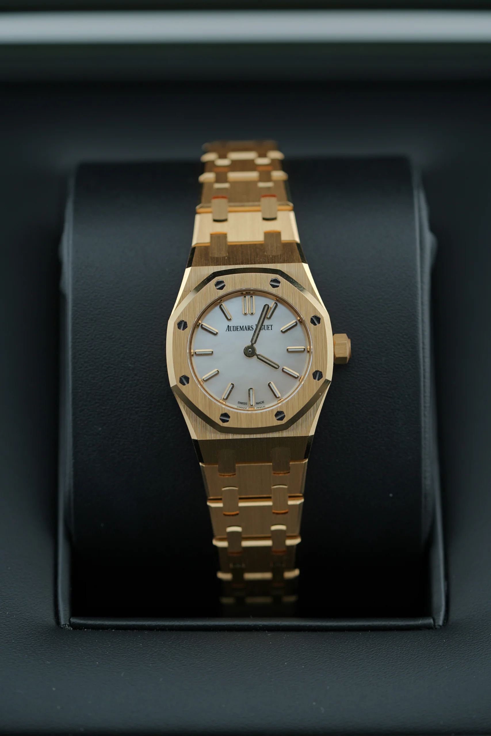 Audemars Piguet Royal Oak Mini Quartz 67630BA resting in a watch box