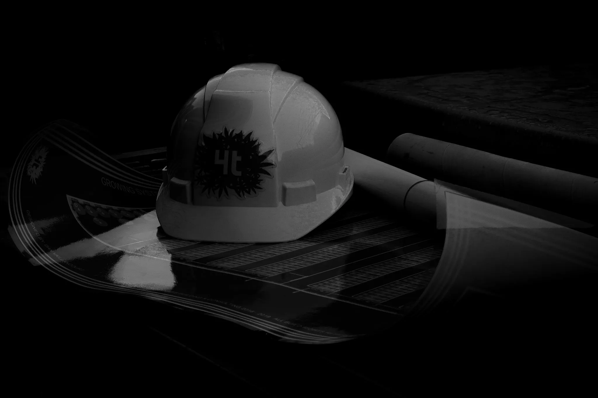4trees Cannabis Building hard hat and blueprint