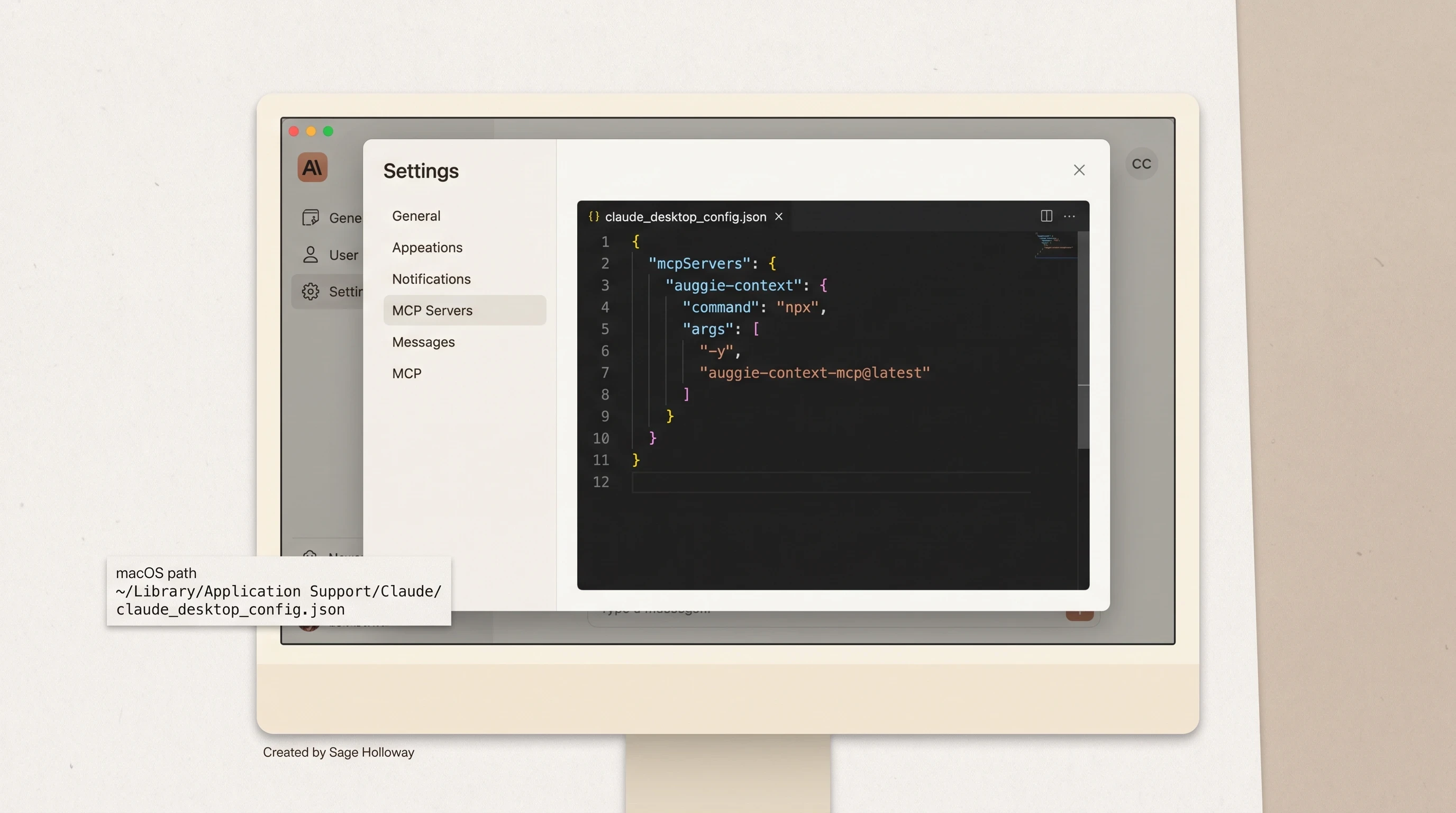 Claude Desktop MCP settings showing auggie-context server with npx and auggie-context-mcp args