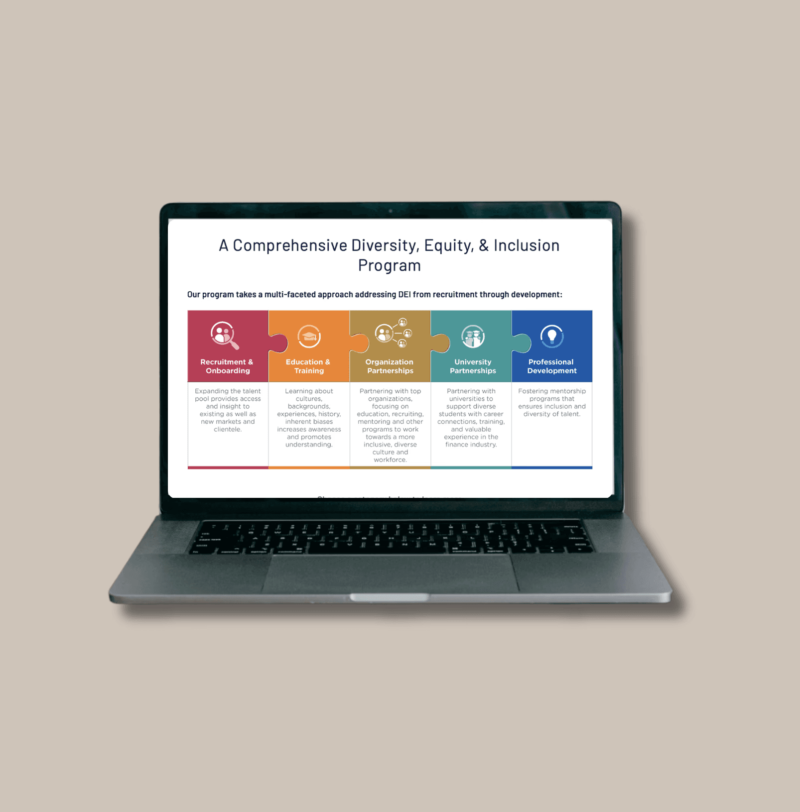 DEI program design showing structured content pillars for recruitment, training, partnerships, and development.