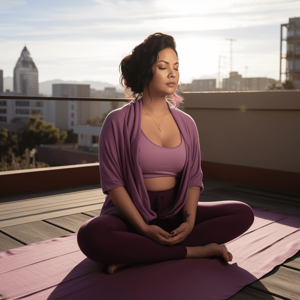 A lady performing yoga on a yoga mat outside
