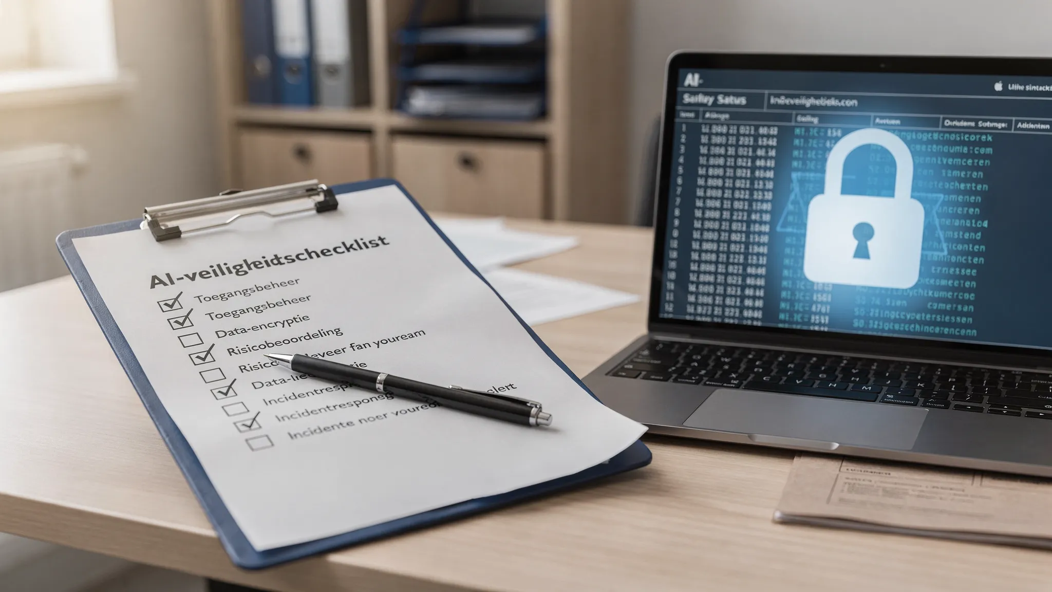 Close-up of a clipboard with a checked AI safety checklist, next to a laptop with log data and a padlock icon, on a desk in an SMB office.