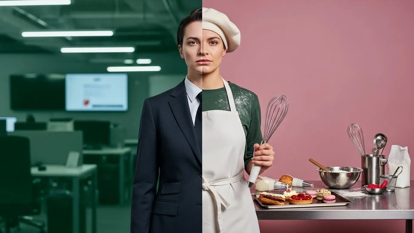  Femme en reconversion professionnelle, moitié cadre en bureau et moitié pâtissière en cuisine, illustrant un changement de carrière.