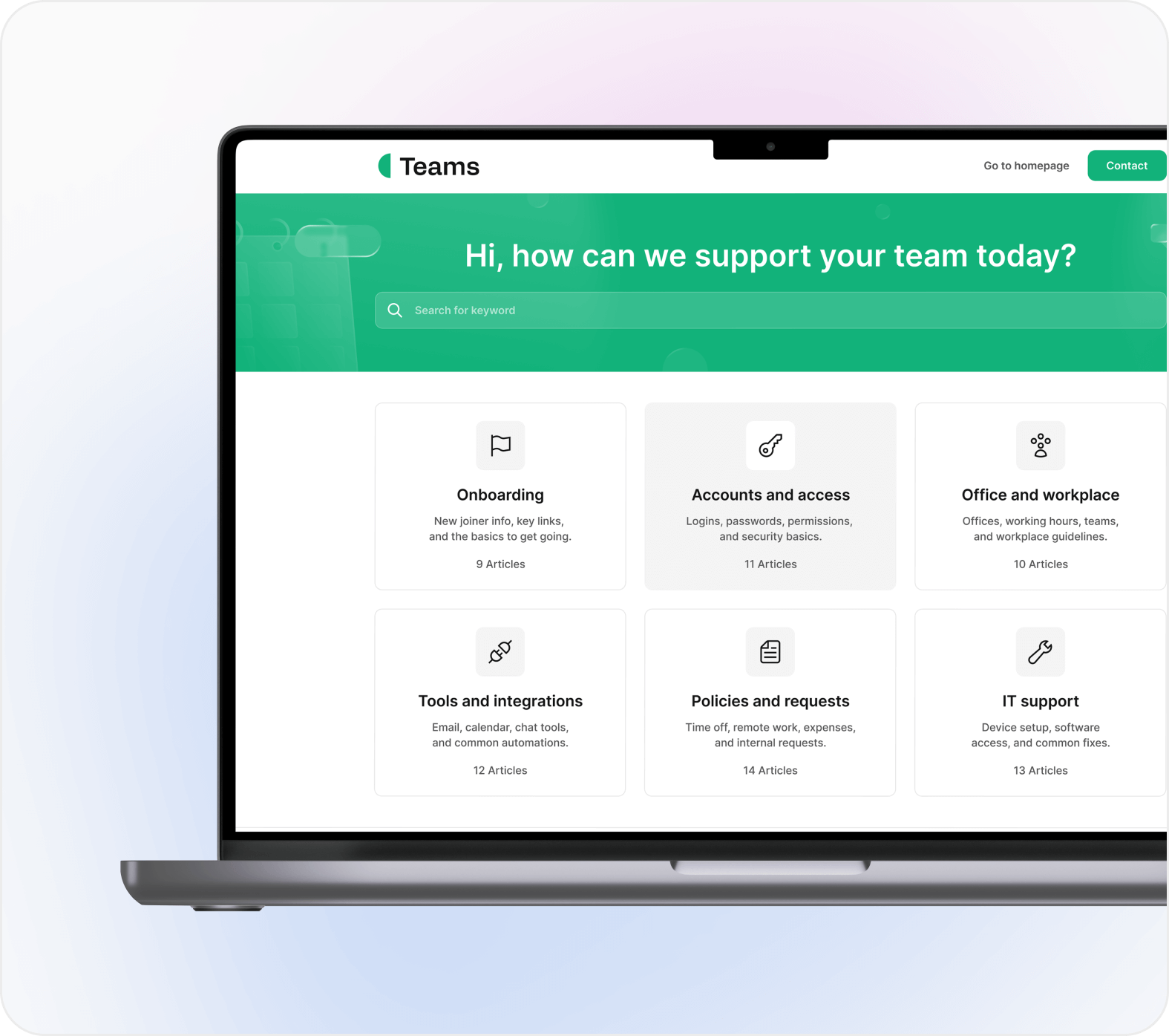 Internal team knowledge base homepage with onboarding, IT support, and workplace documentation.