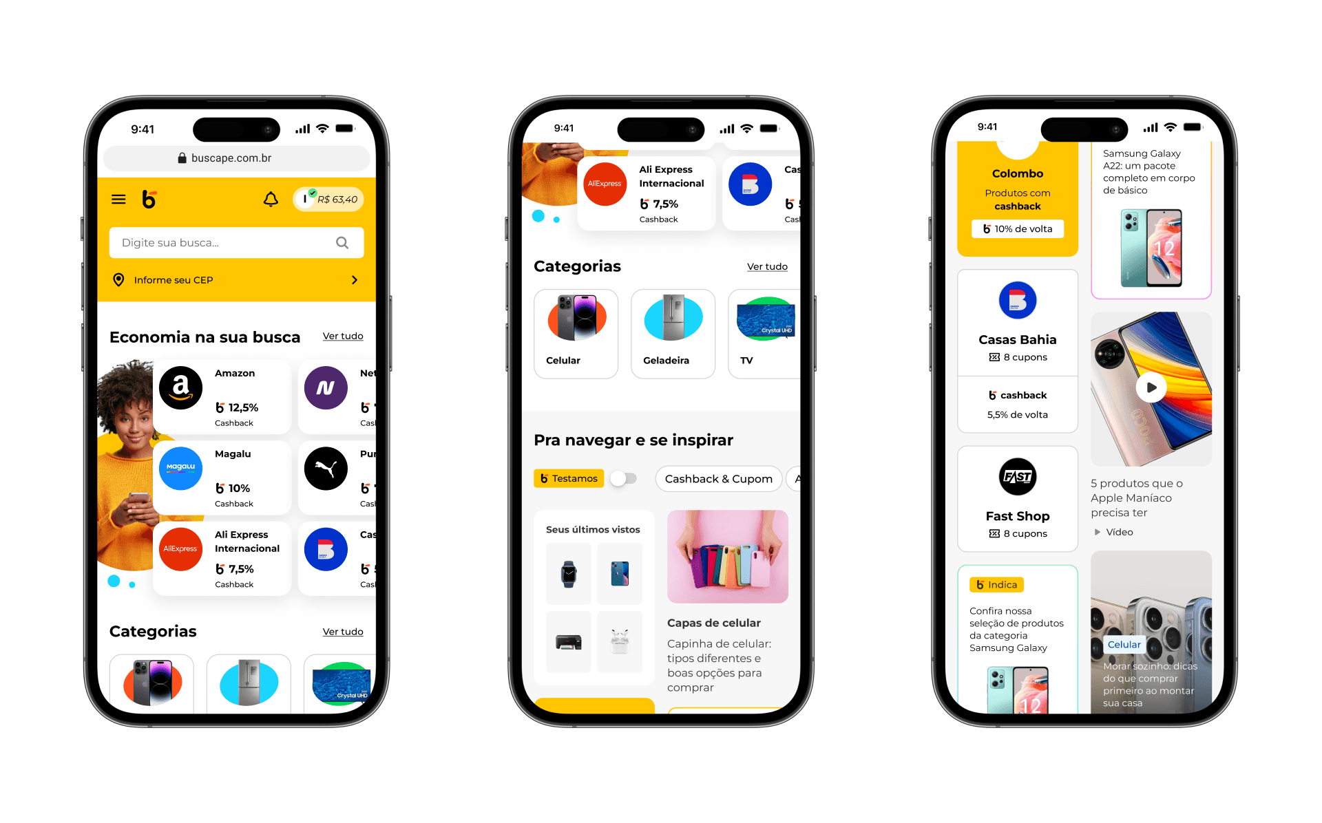 Sequência de telas do aplicativo Buscapé, demonstrando a jornada do usuário ao explorar o app. A primeira tela destaca o recurso de cashback e a variedade de categorias de produtos, a segunda oferece uma visão geral das categorias de produtos e apresenta o feed de recomendação de produtos e categorias e a terceira mostra boa parte desse feed com ofertas personalizadas e recomendações, proporcionando uma experiência de compra personalizada e intuitiva.