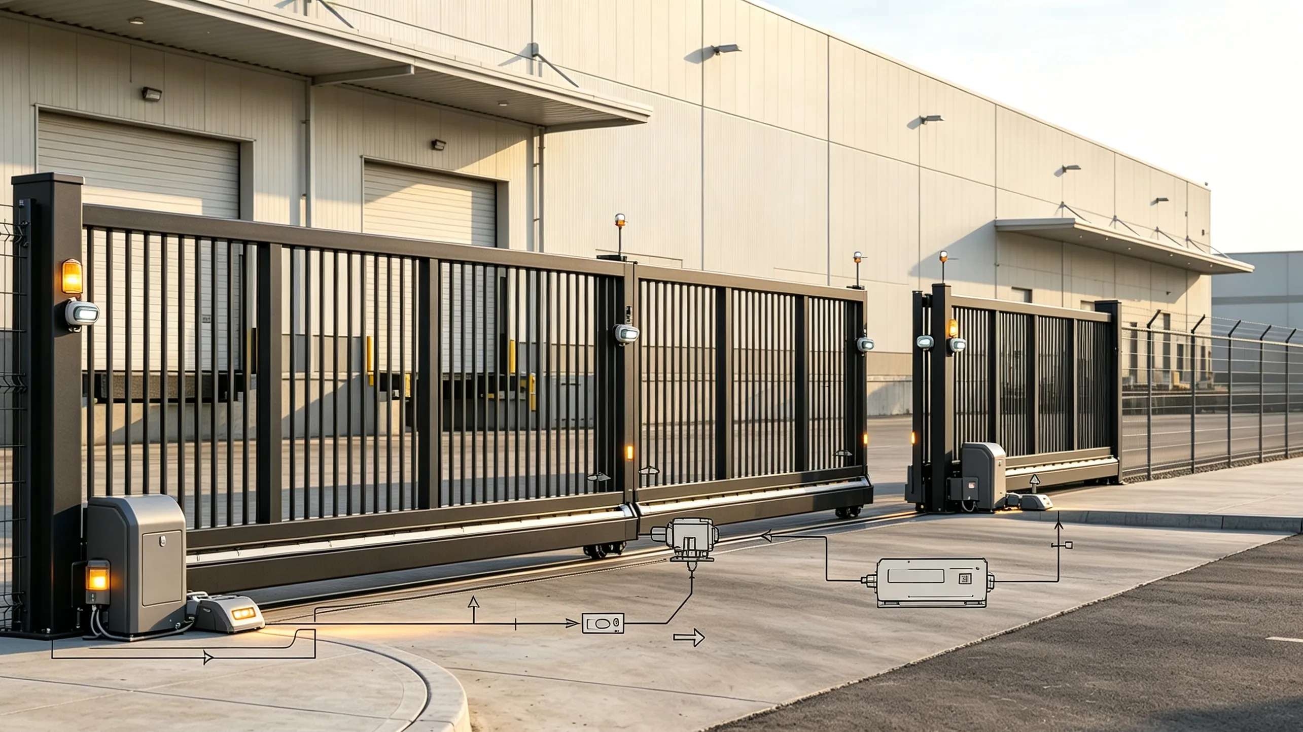Automatic gate safety sensors detecting an obstacle and sending signals to the gate controller