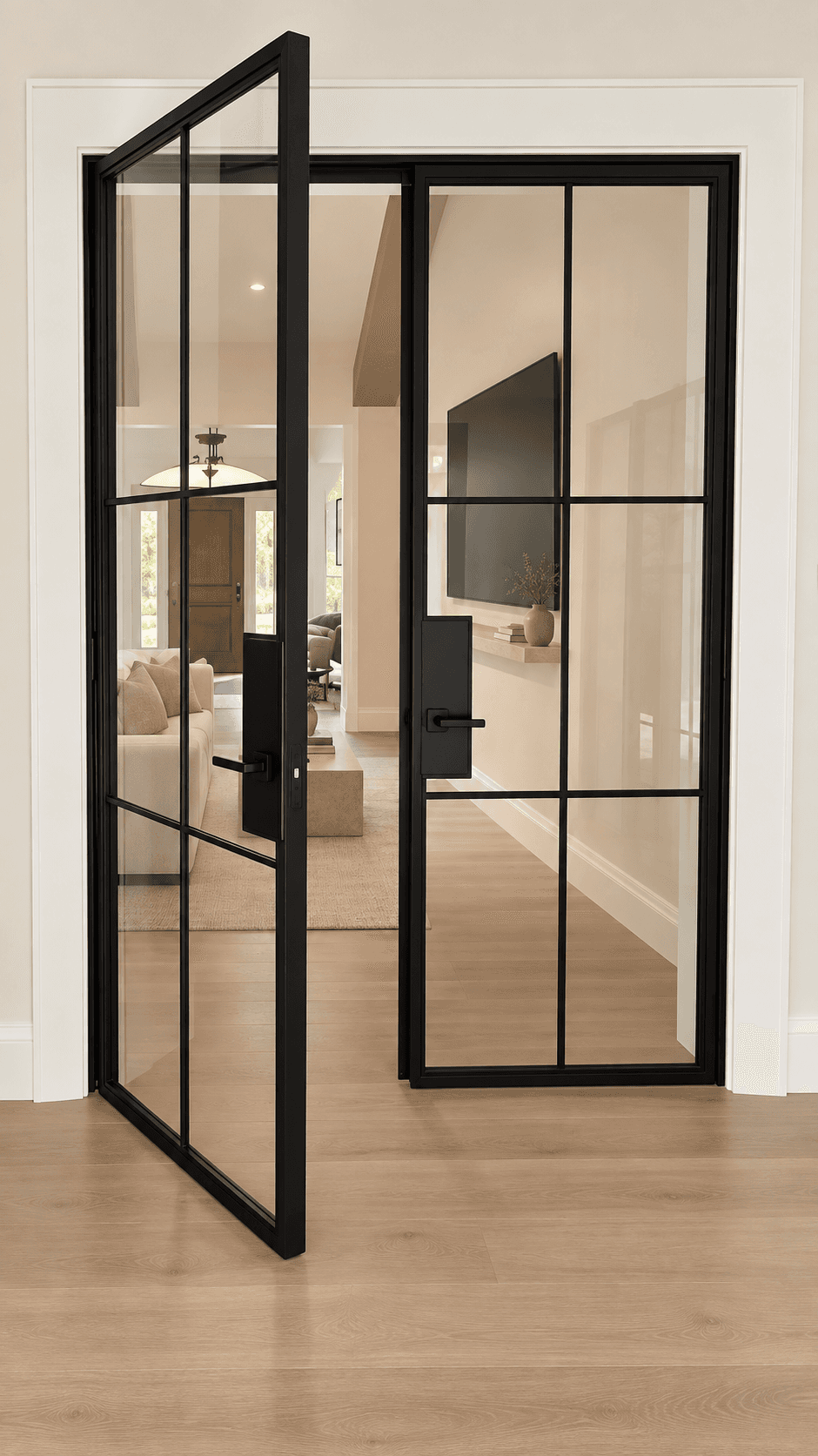 Black steel and glass double doors, one open, reveal a staged living room with warm wood floors.