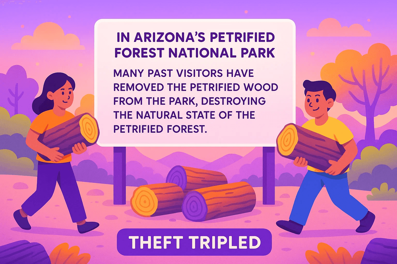 illustration of: In Arizona's Petrified Forest National Park, officials were struggling with theft of the precious wood. They put up a sign that read: "Many past visitors have removed the petrified wood from the park, destroying the natural state of the Petrified Forest." The result? Theft tripled.