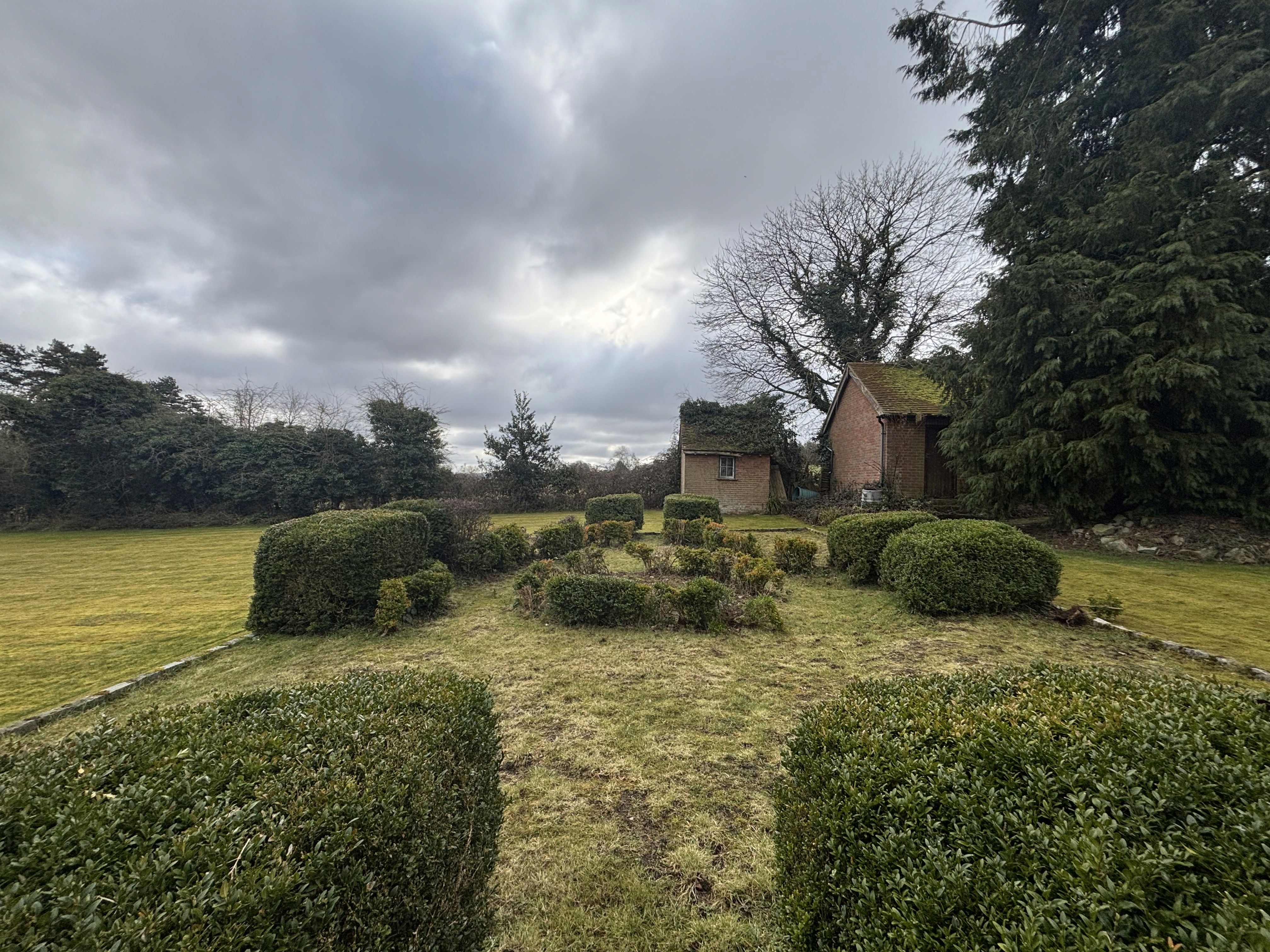 : Garden path through modern black wooden pergolas leading to a green shed.