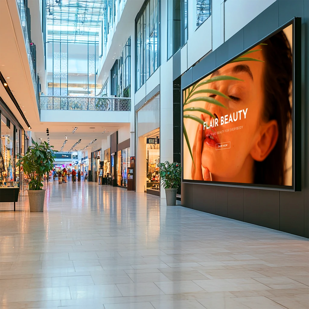 Large retail digital signage display in a shopping mall showcasing a beauty brand advertisement.