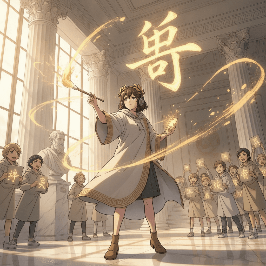 Language student painting a giant glowing kanji character in midair with a brush of golden light