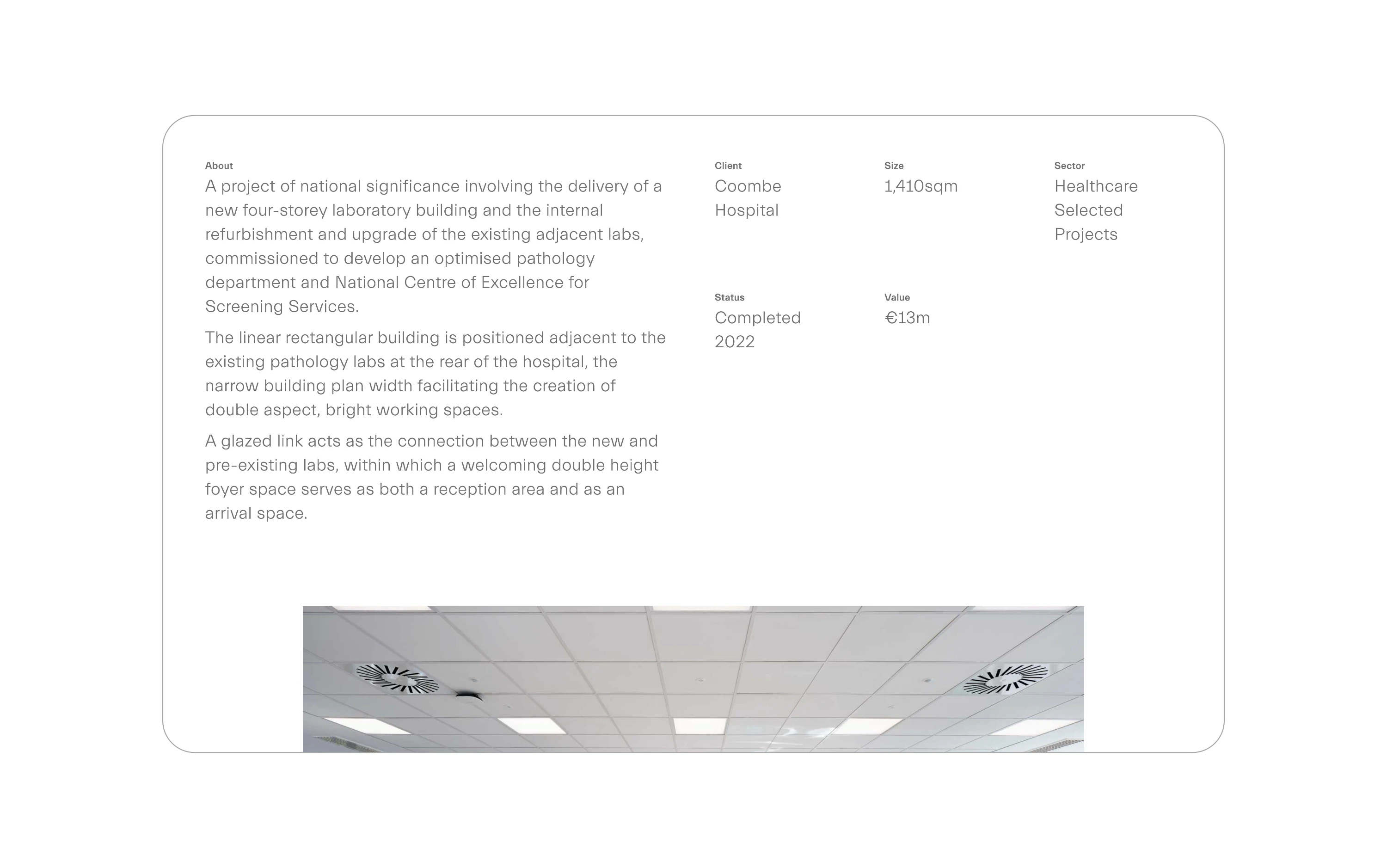 detail of project page, showing the main description, key project details such as client, sector and budget