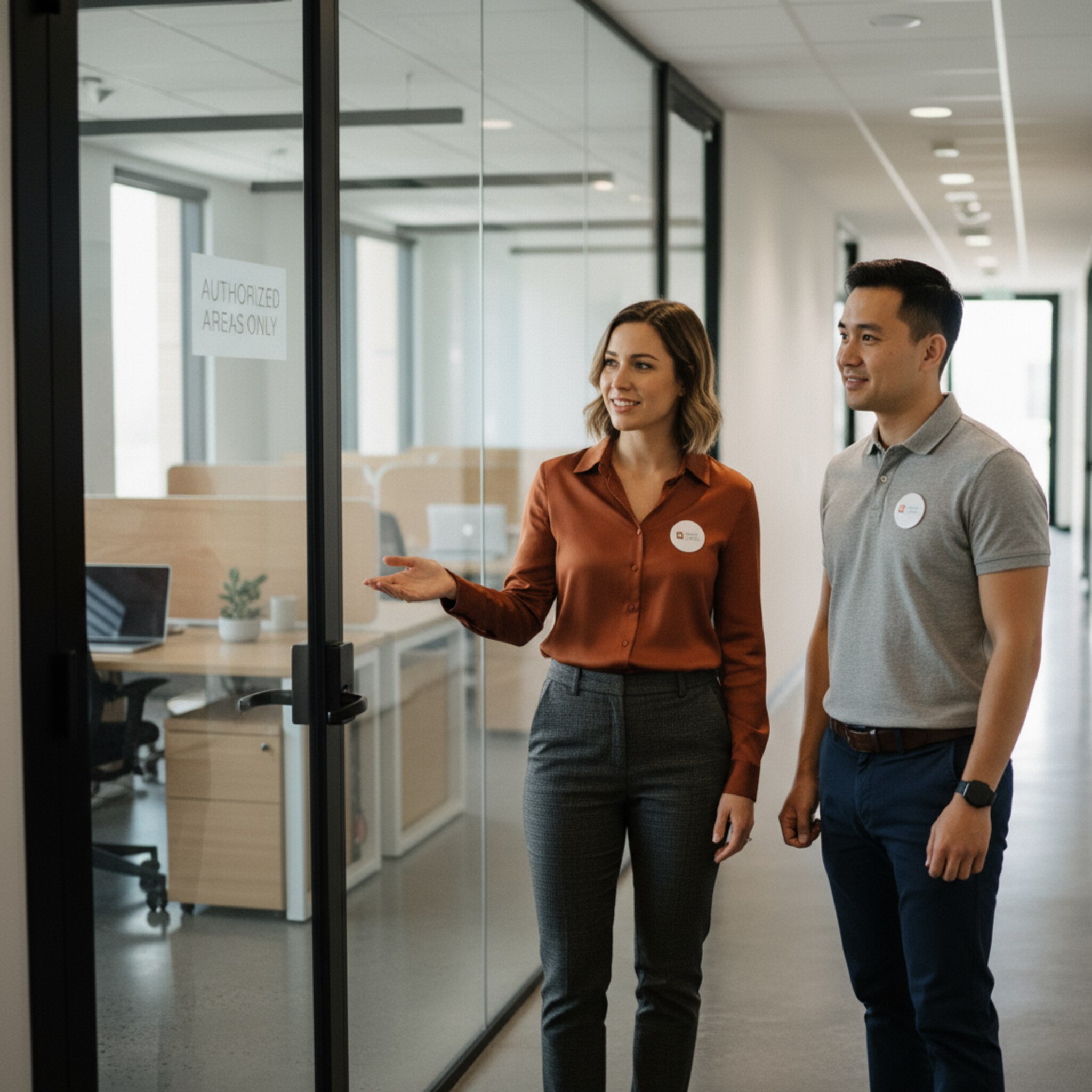 Eine verglaste Bürotür trägt einen dezenten Hinweis Nur autorisierte Bereiche. Dahinter liegen ruhige Arbeitsplätze mit geordneten Schreibtischen. Eine Mitarbeiterin zeigt ihrem Kollegen den richtigen Bereich, beide tragen sichtbare Firmenausweise. Das Ambiente ist professionell und vermittelt Sorgfalt, Regeln und Vertrauen.