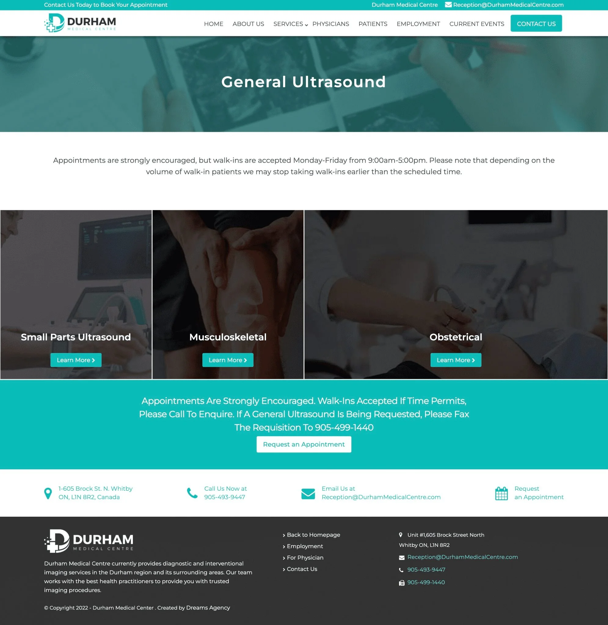 General Ultrasound Page For Durham Medical Centre website developed & designed by Dreams Agency Mississauga, Ontario