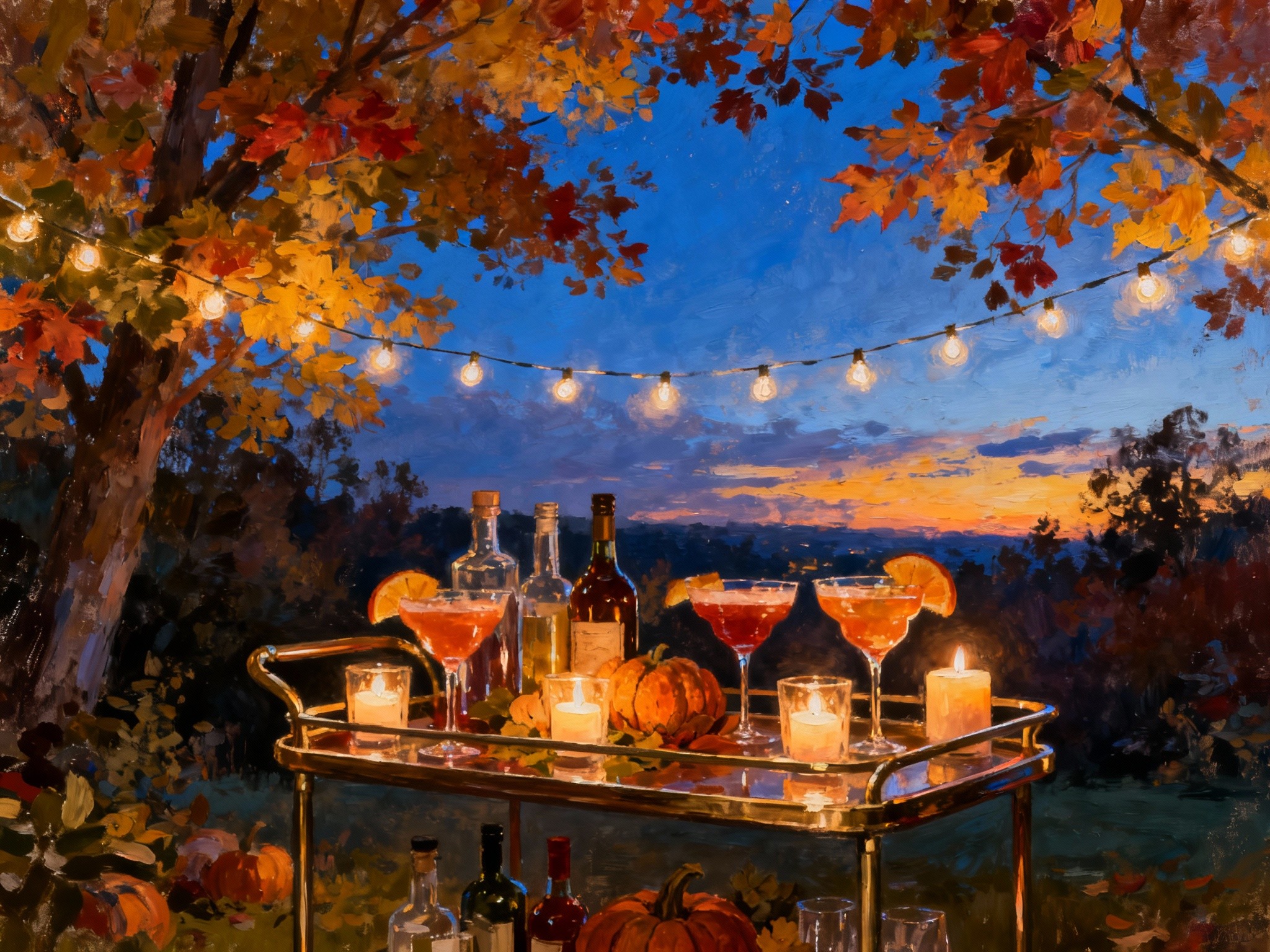 An expansive wide shot of an elegant outdoor autumn evening gathering, featuring a bar cart with