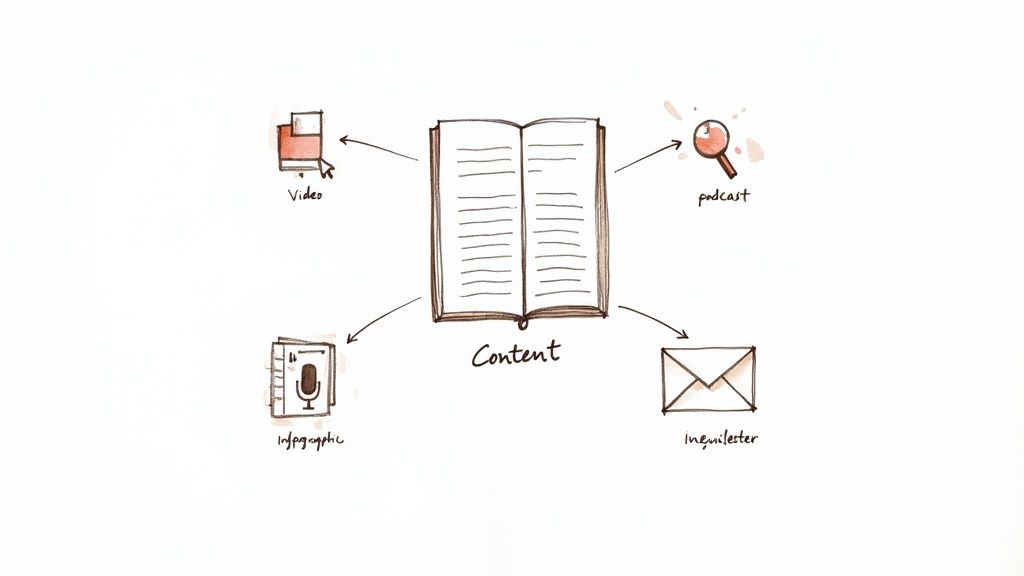 A central book labeled 'Content' with arrows pointing to different content formats: video, podcast, infographic, and newsletter.