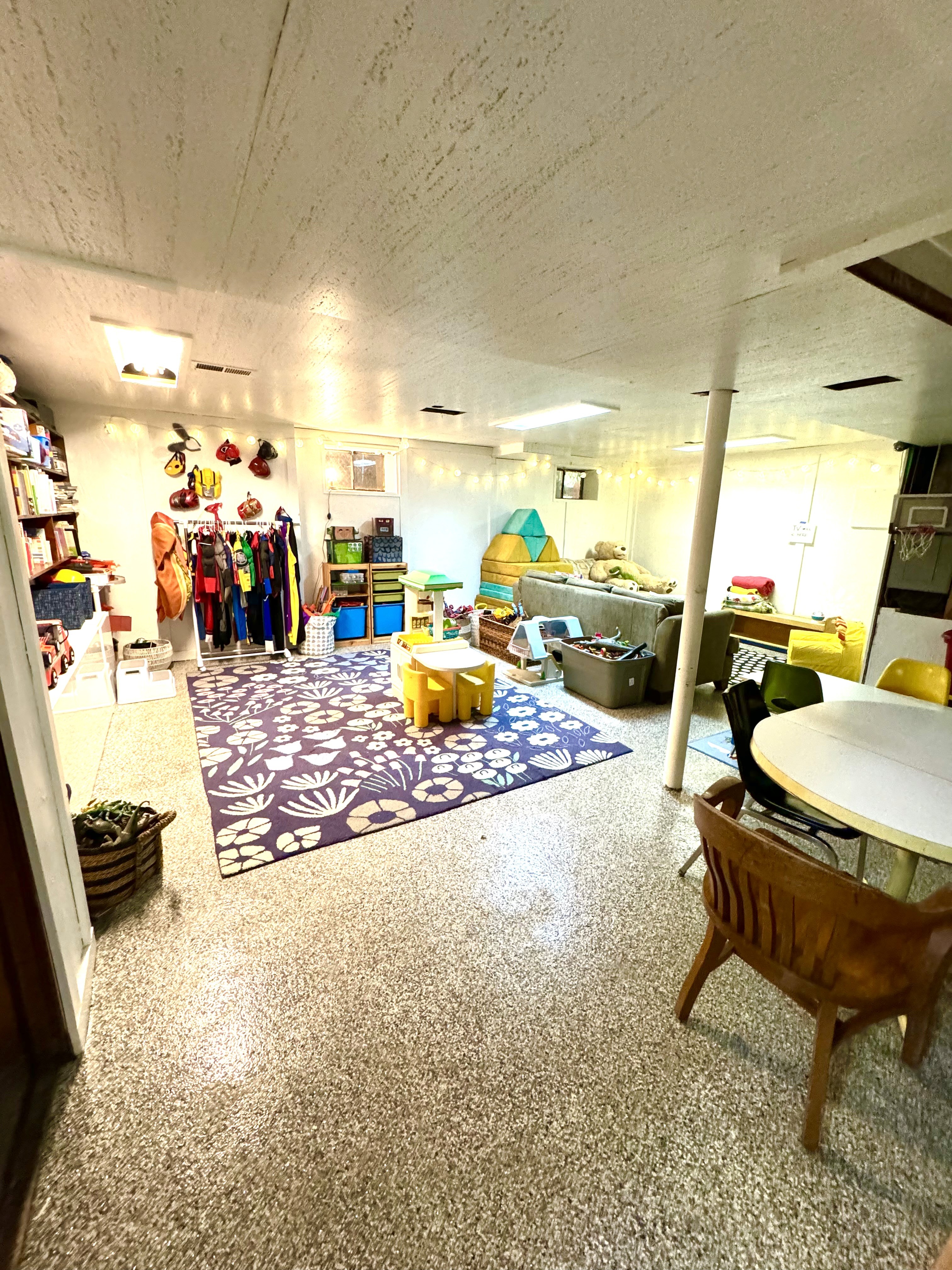 basement playroom colorful with rug and toys