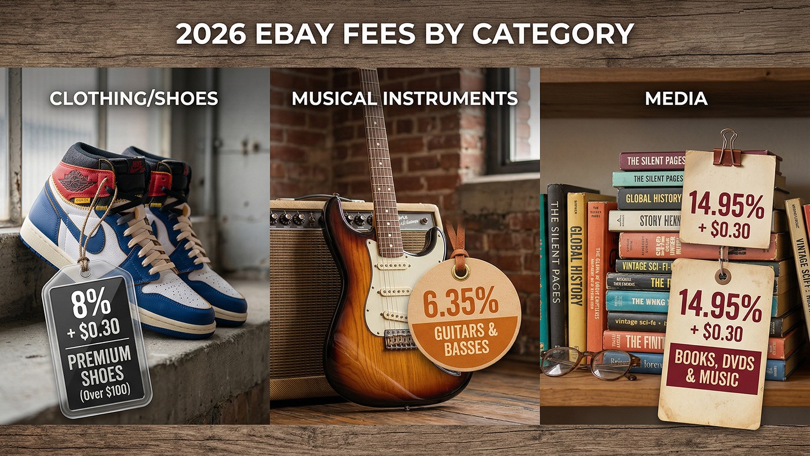 A visual guide to 2026 eBay final value fees by category, showing lower rates for premium shoes at 8%, musical instruments at 6.35%, and books or media at 14.95%
