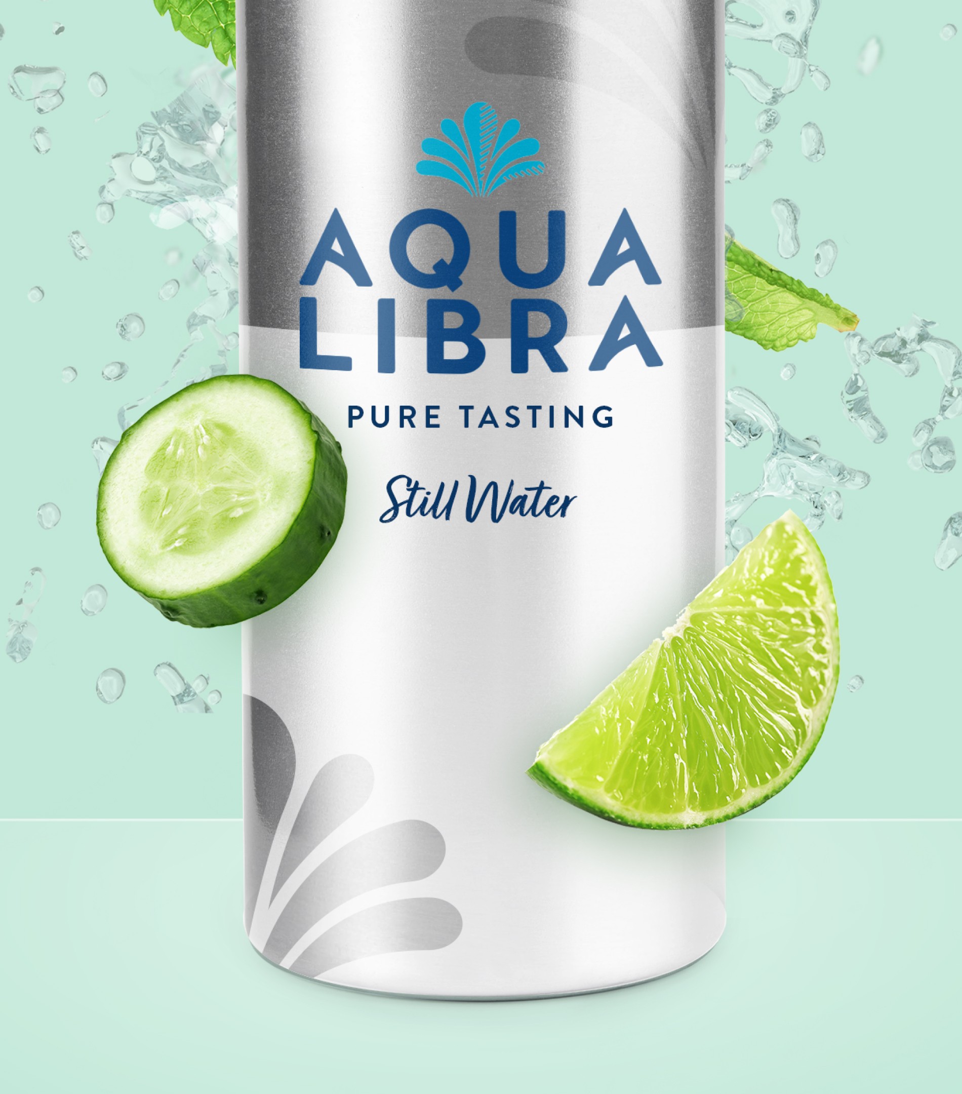 Close-up of Aqua Libra bottle with cucumber and lime, promoting still water flavour infusion