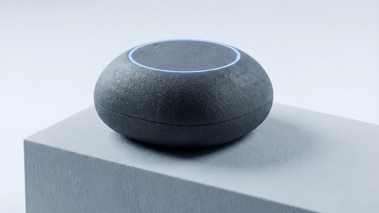 A textured dark grey smart sleep device with a glowing blue ring on a light blue block.