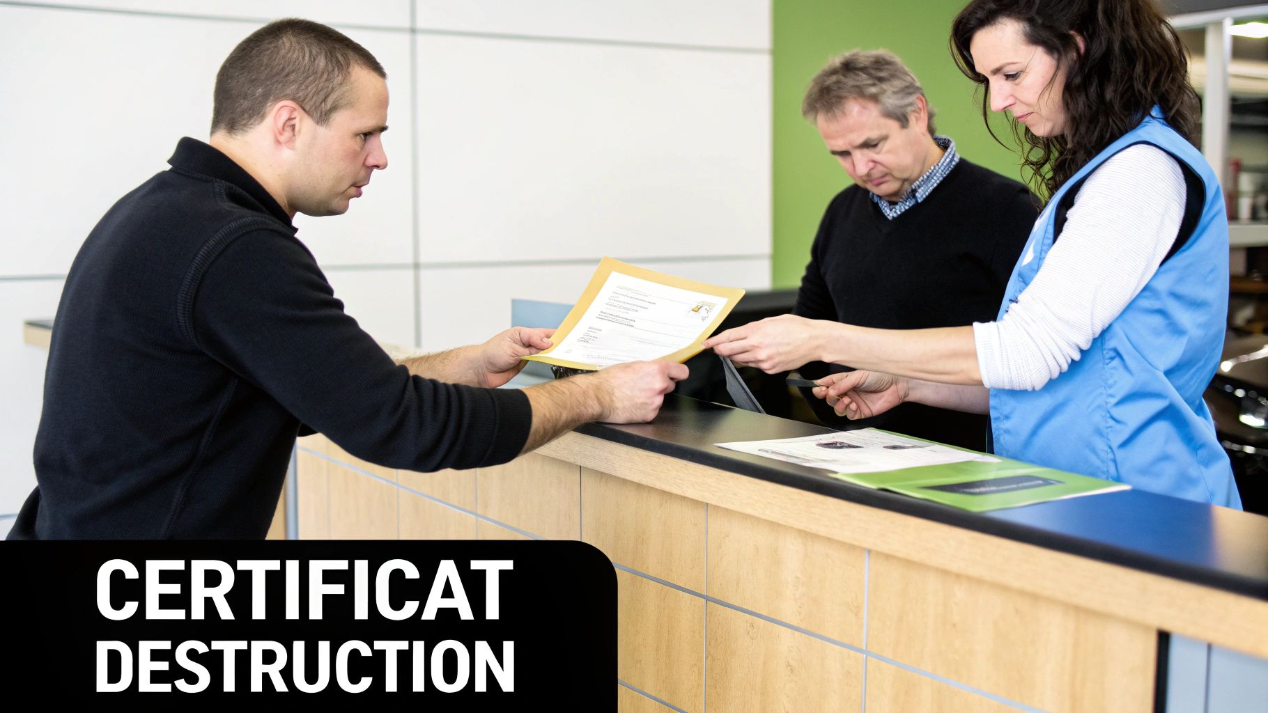 Un homme remet un certificat de destruction à une femme à un comptoir d'accueil.