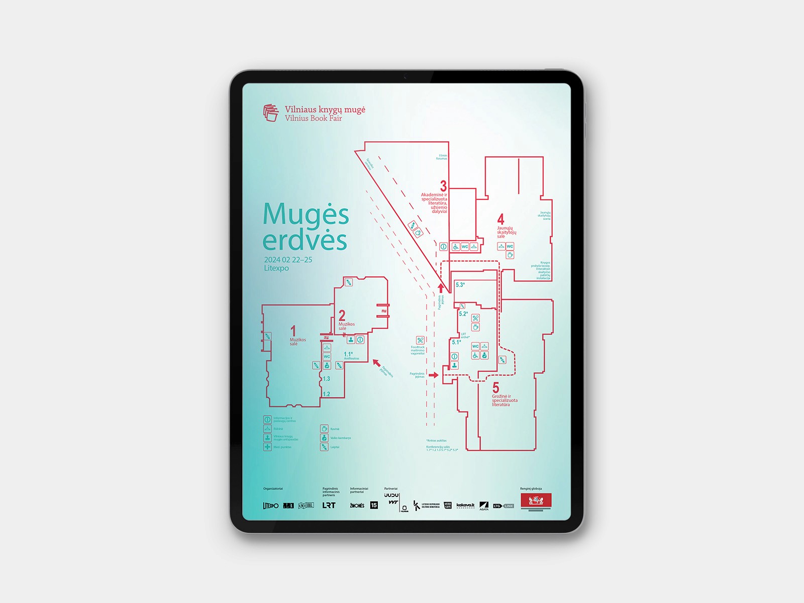 (1 of 5) Series of leaflet pages for Vilnius Book Fair 2024 displayed across iPad mockups.