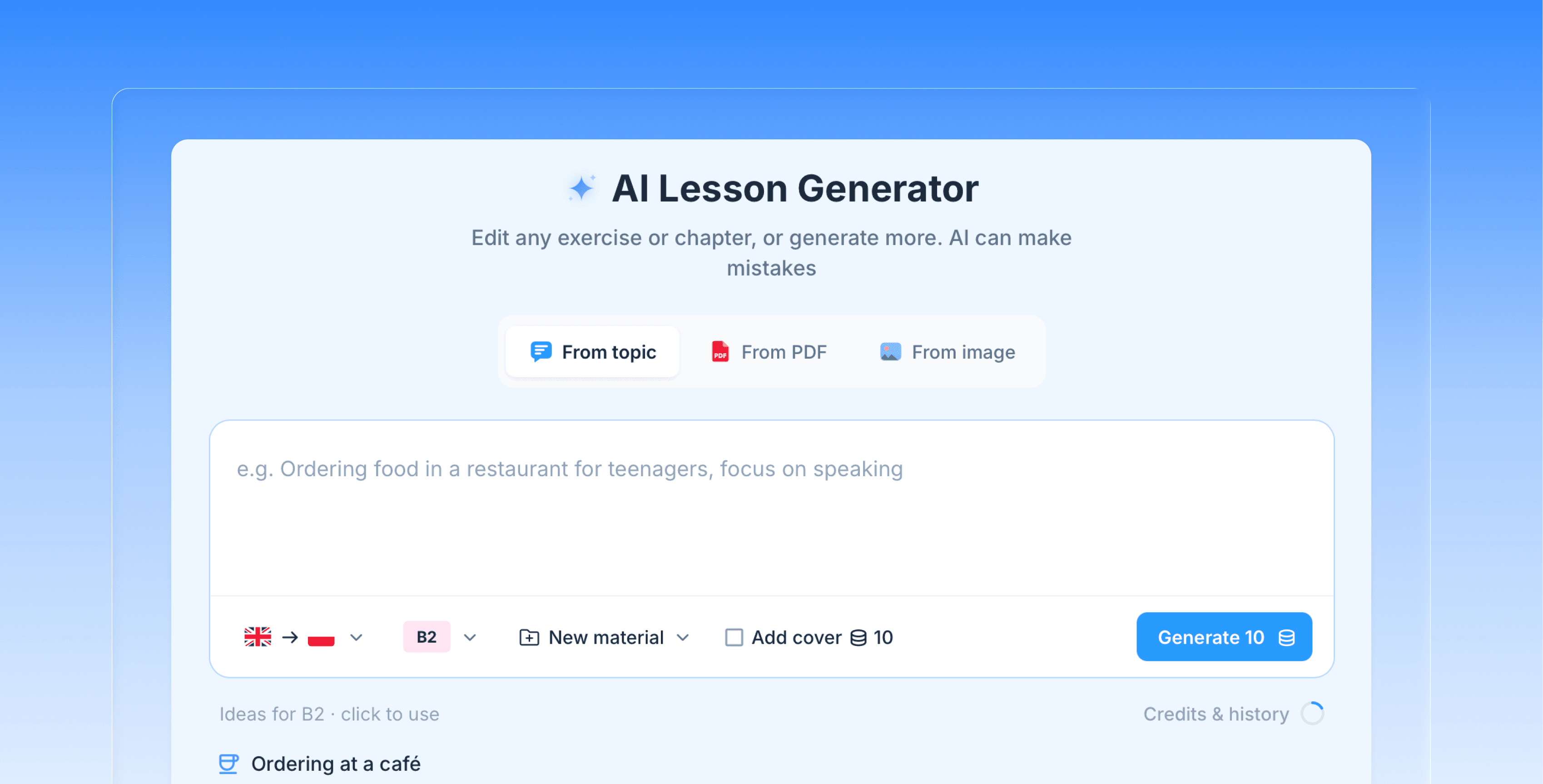 AI lesson generator in edio.ai with tabs for topic, PDF, and image, and controls for language, level, and cover