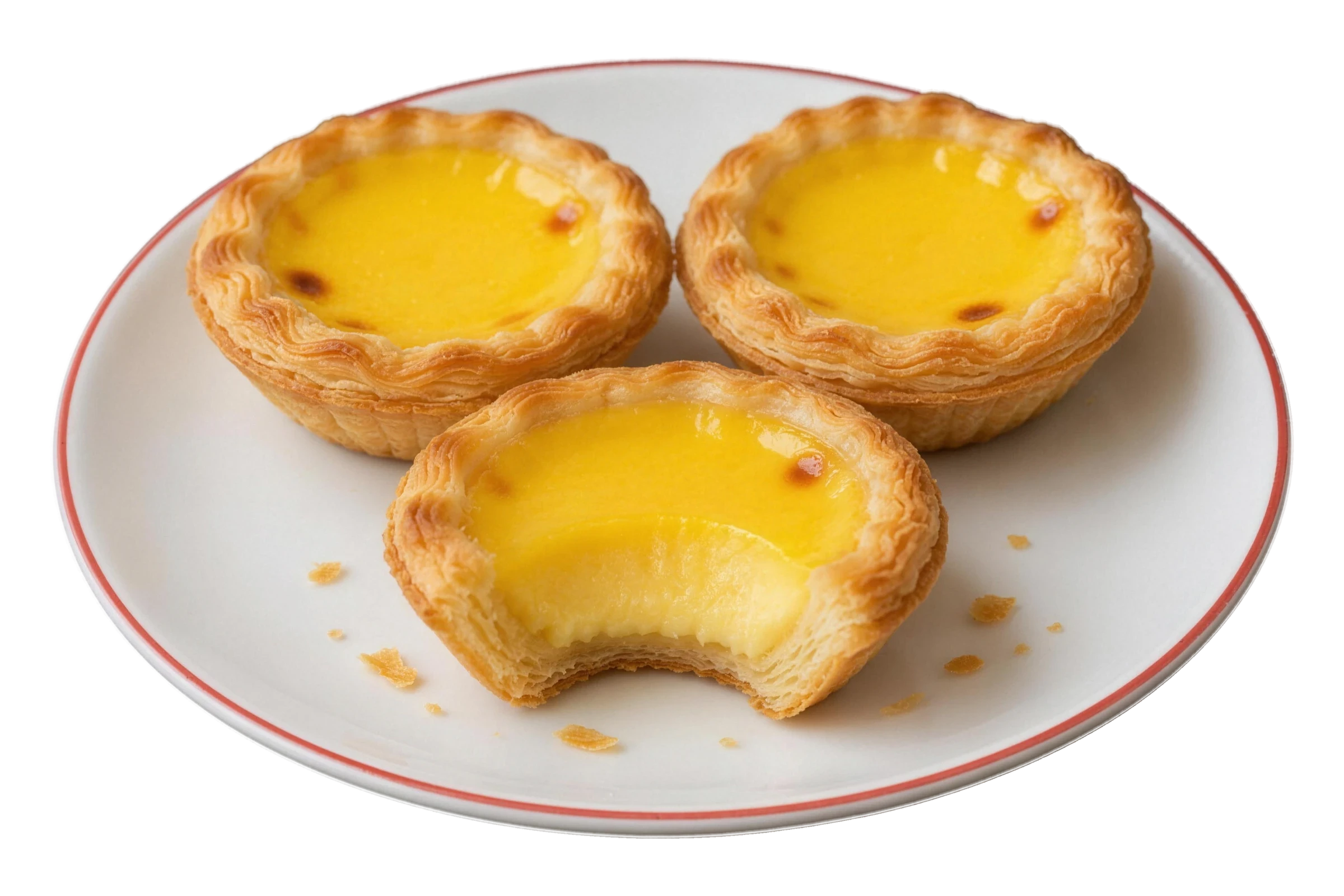 Three Hong Kong egg tarts with flaky pastry and smooth custard on a small white plate with a red rim, one with a bite taken out and crumbs scattered around it.