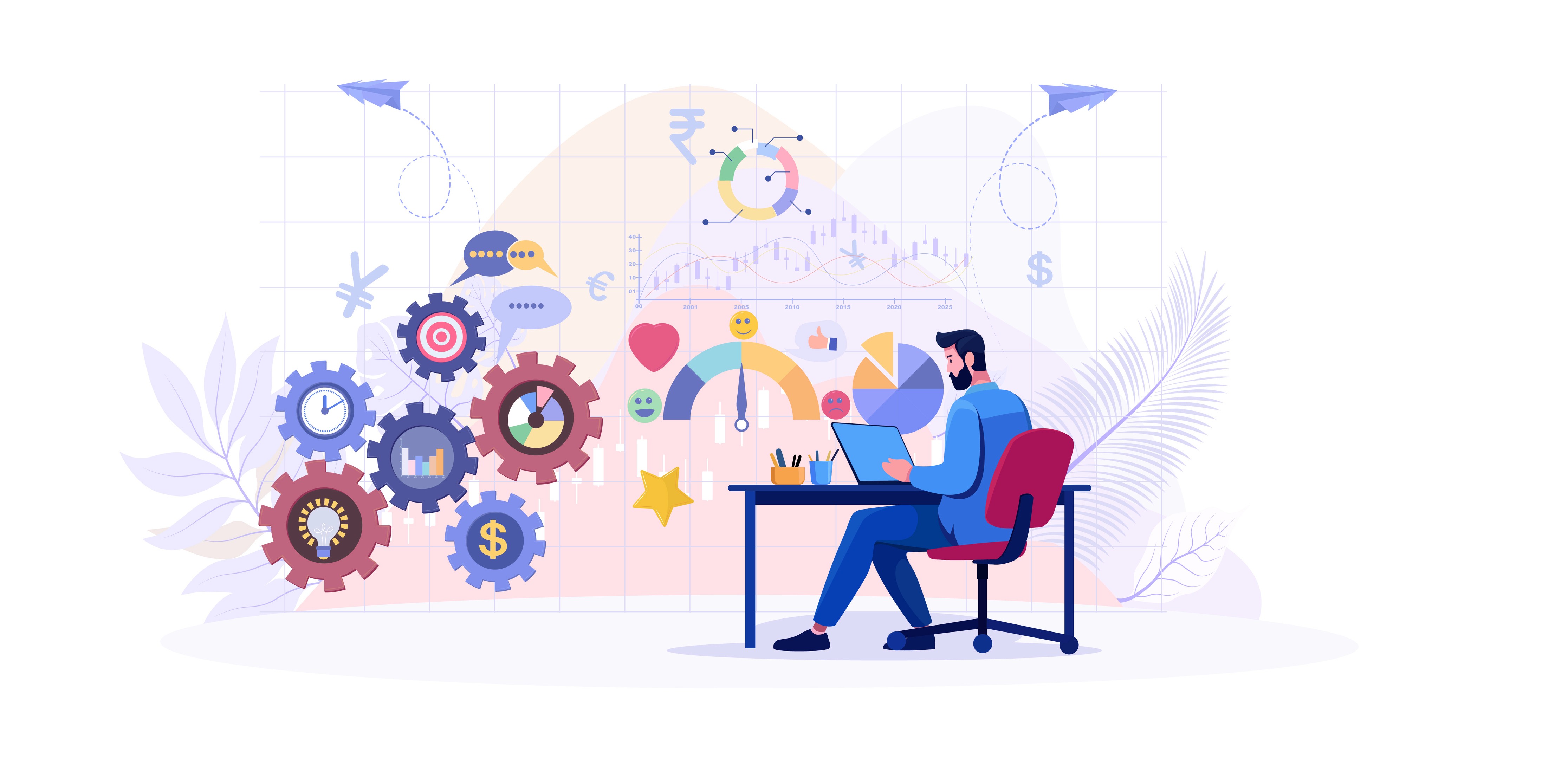 Illustration of a marketer at a laptop surrounded by gears, engagement metrics, and performance charts