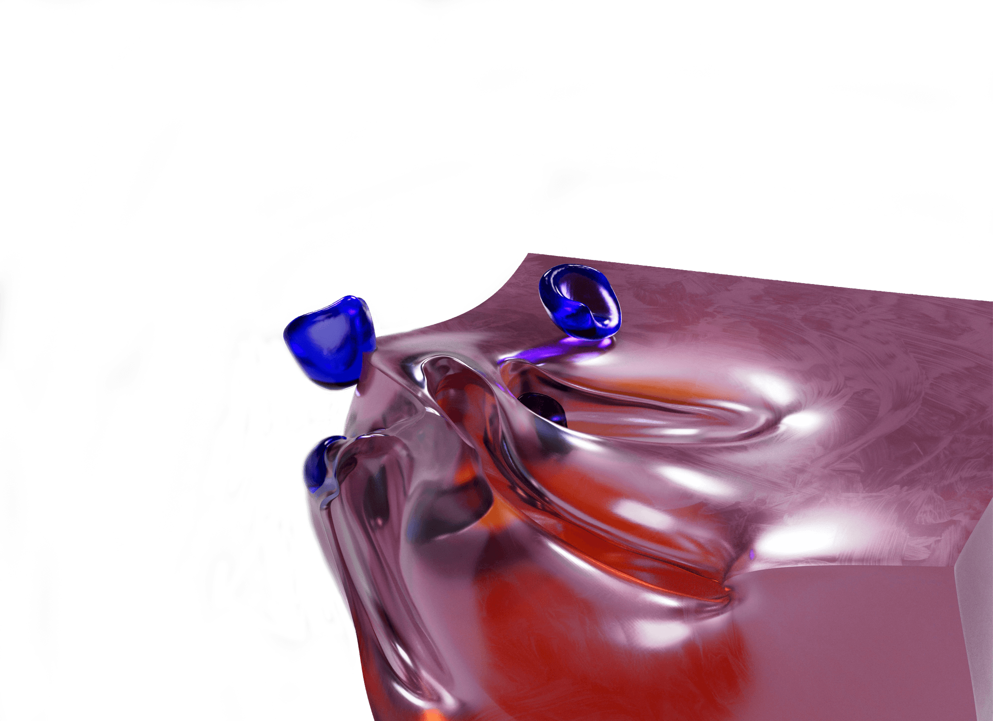 Abstract 3D cube with glossy pink, red, and blue shapes on a high-contrast bright background.