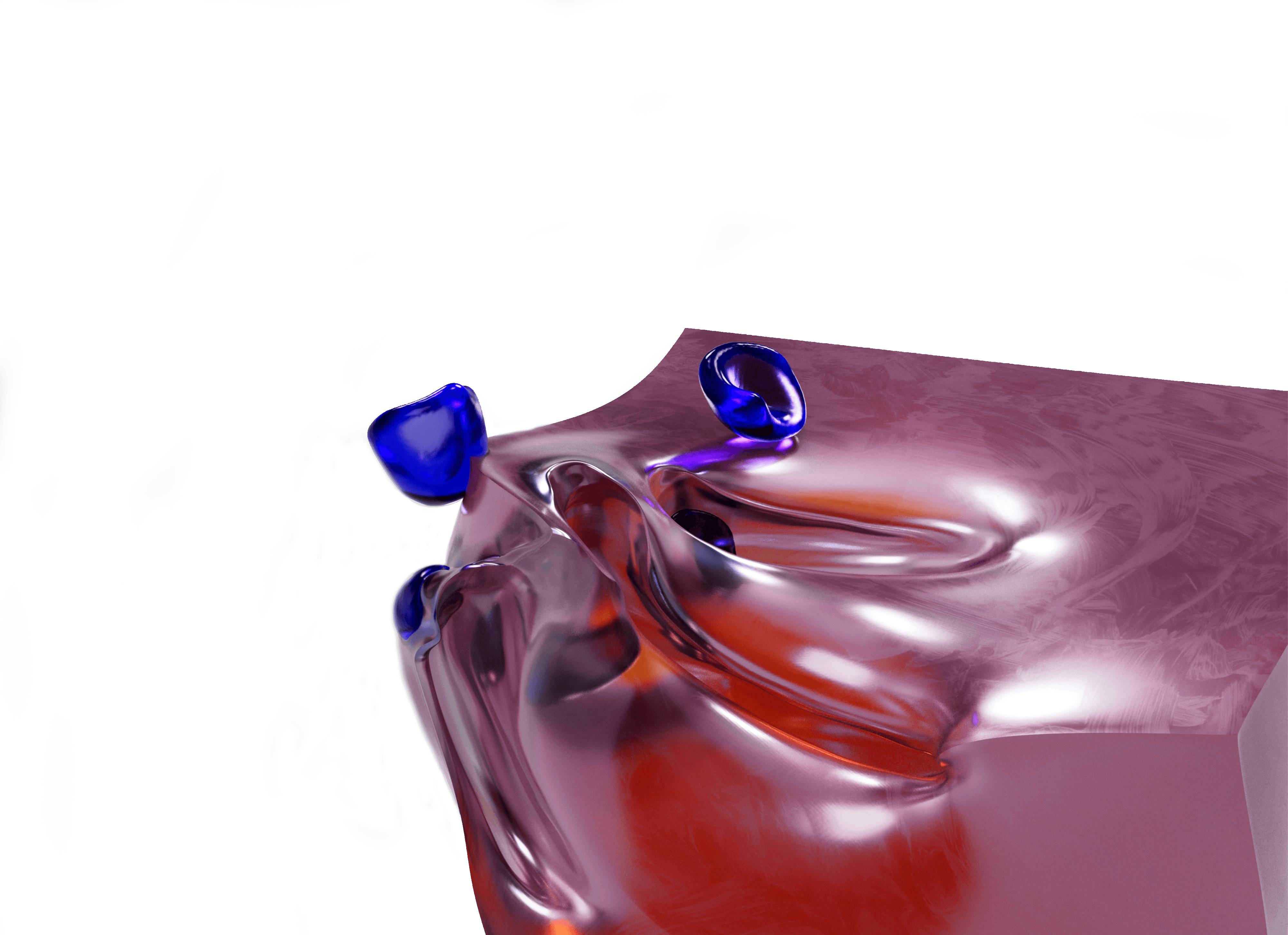 Abstract 3D cube with glossy pink, red, and blue shapes on a high-contrast bright background.