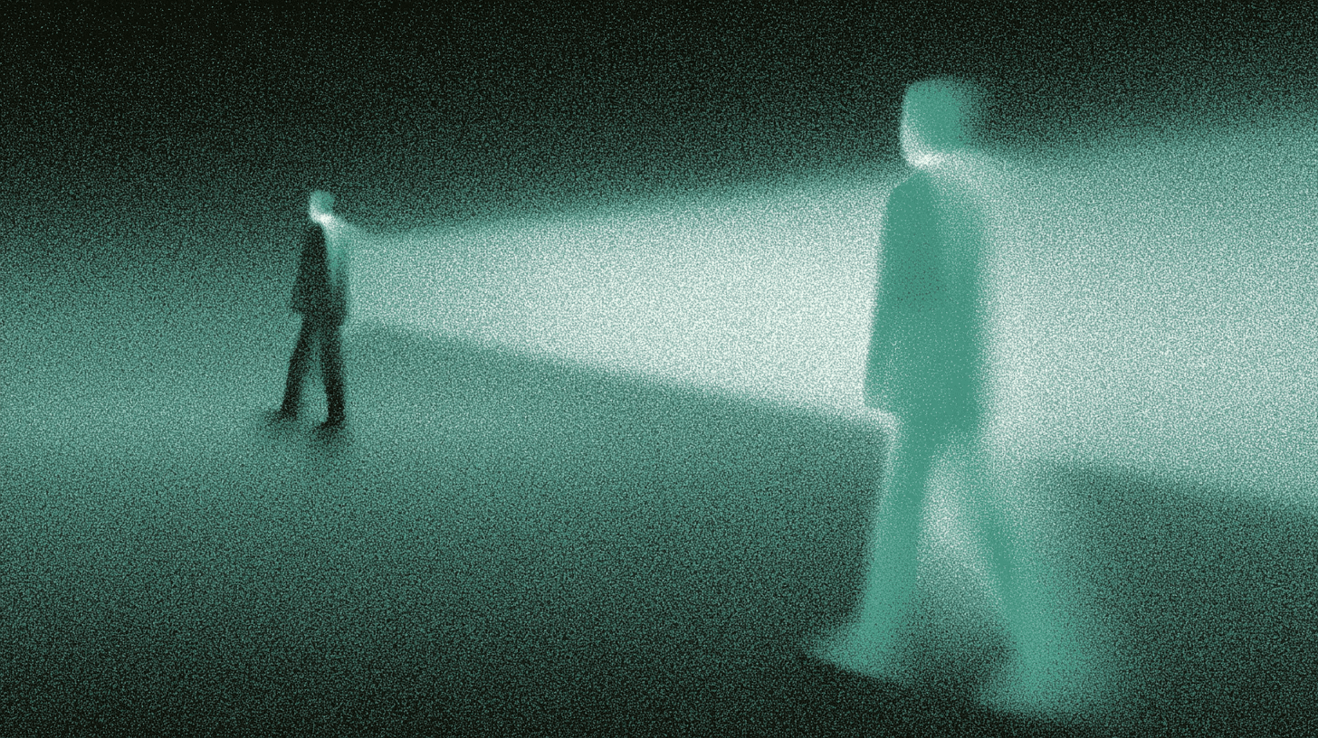 Blurry, futuristic scene showing two human silhouettes in a dark teal space, with one figure illuminated by a glowing rectangular light beam.