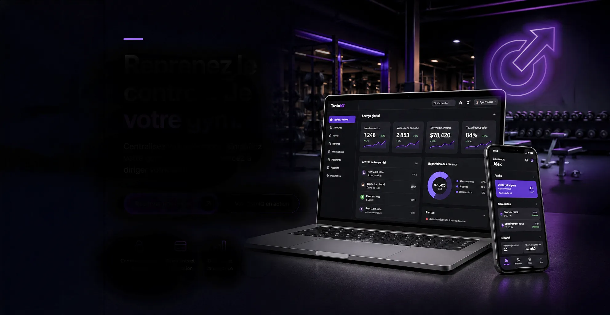 Laptop et mobile sur un bureau dans un gym moderne la nuit